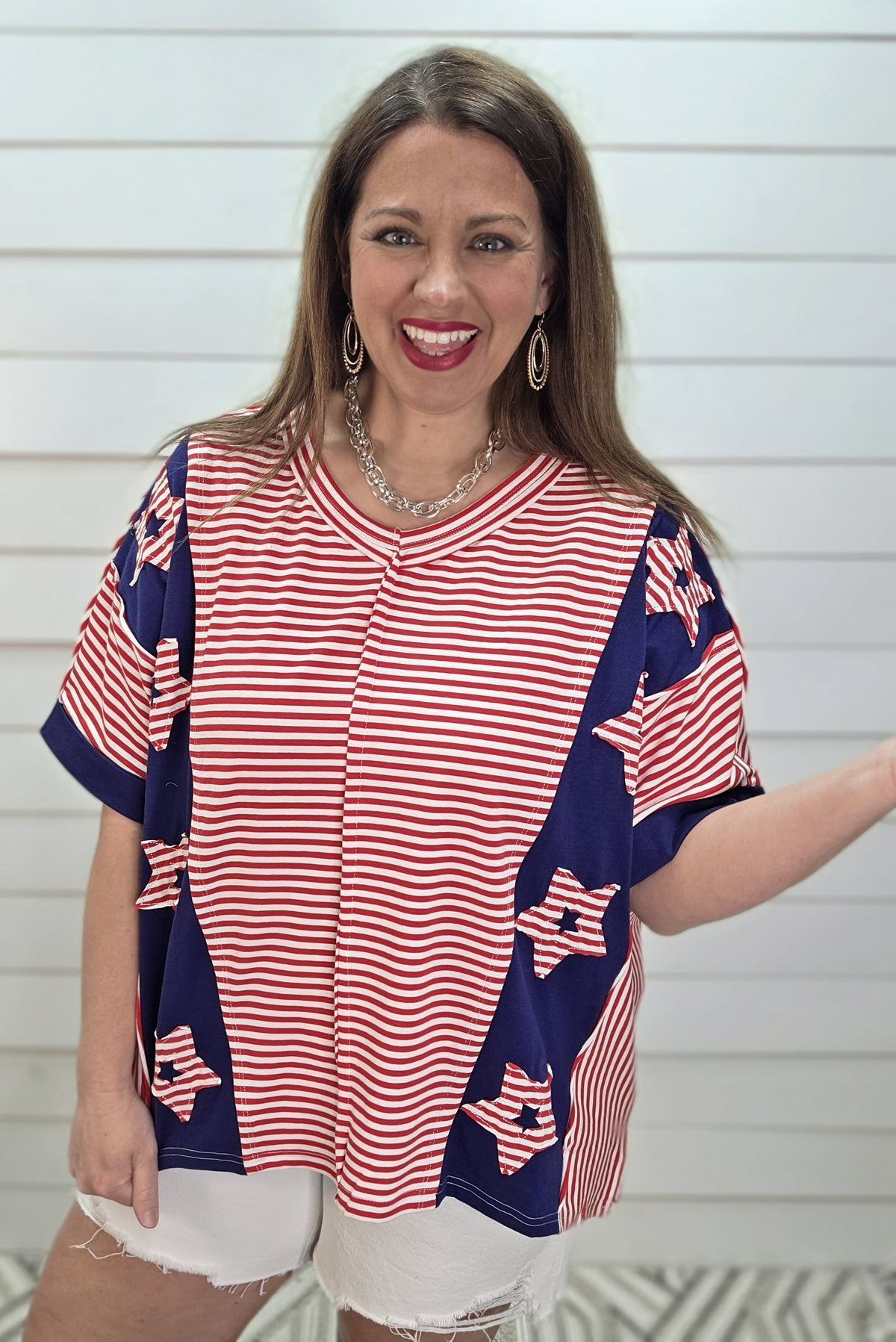 RED STRIPED/STAR OVERSIZED KNIT TOP