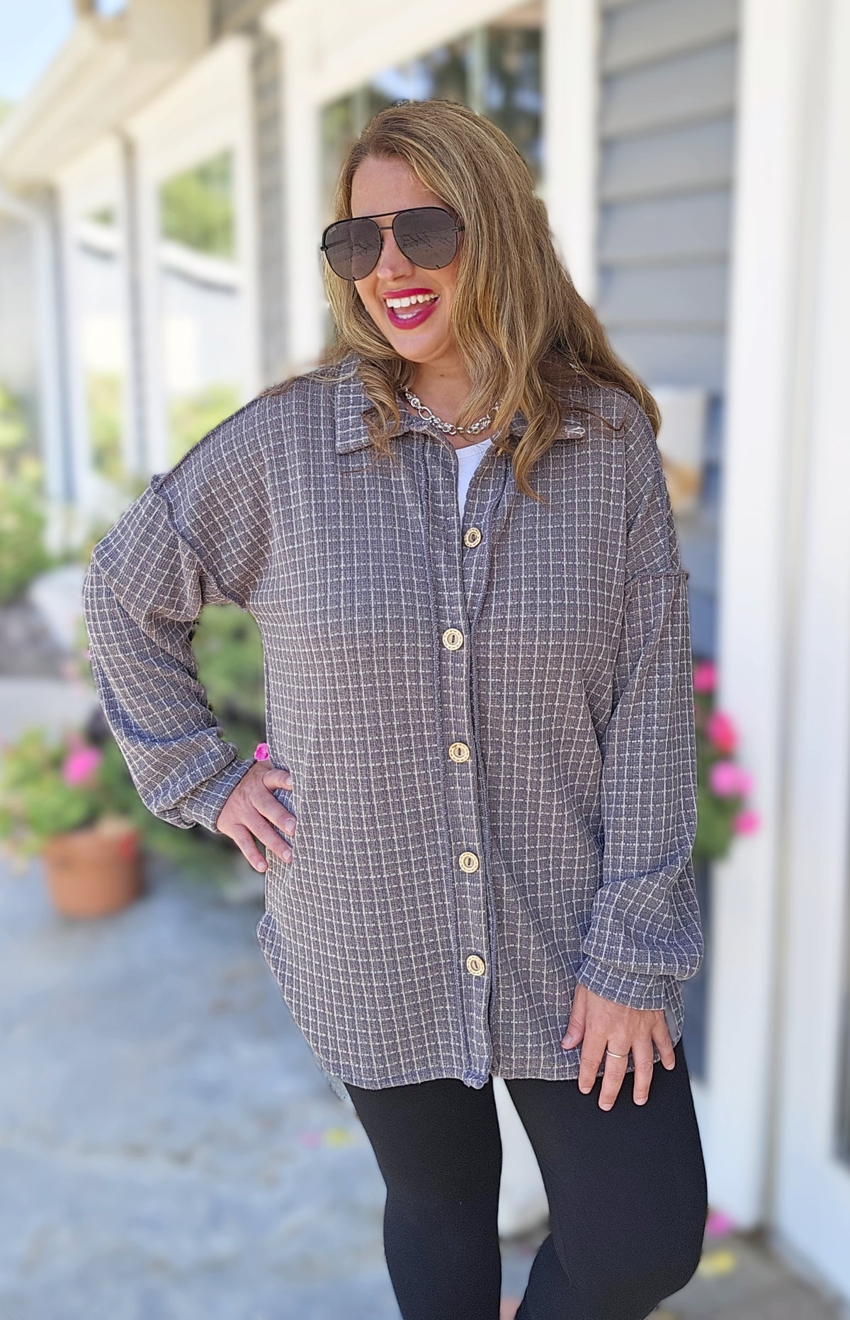 DARK GREY PLAID BUTTON DOWN SOFT KNIT TOP