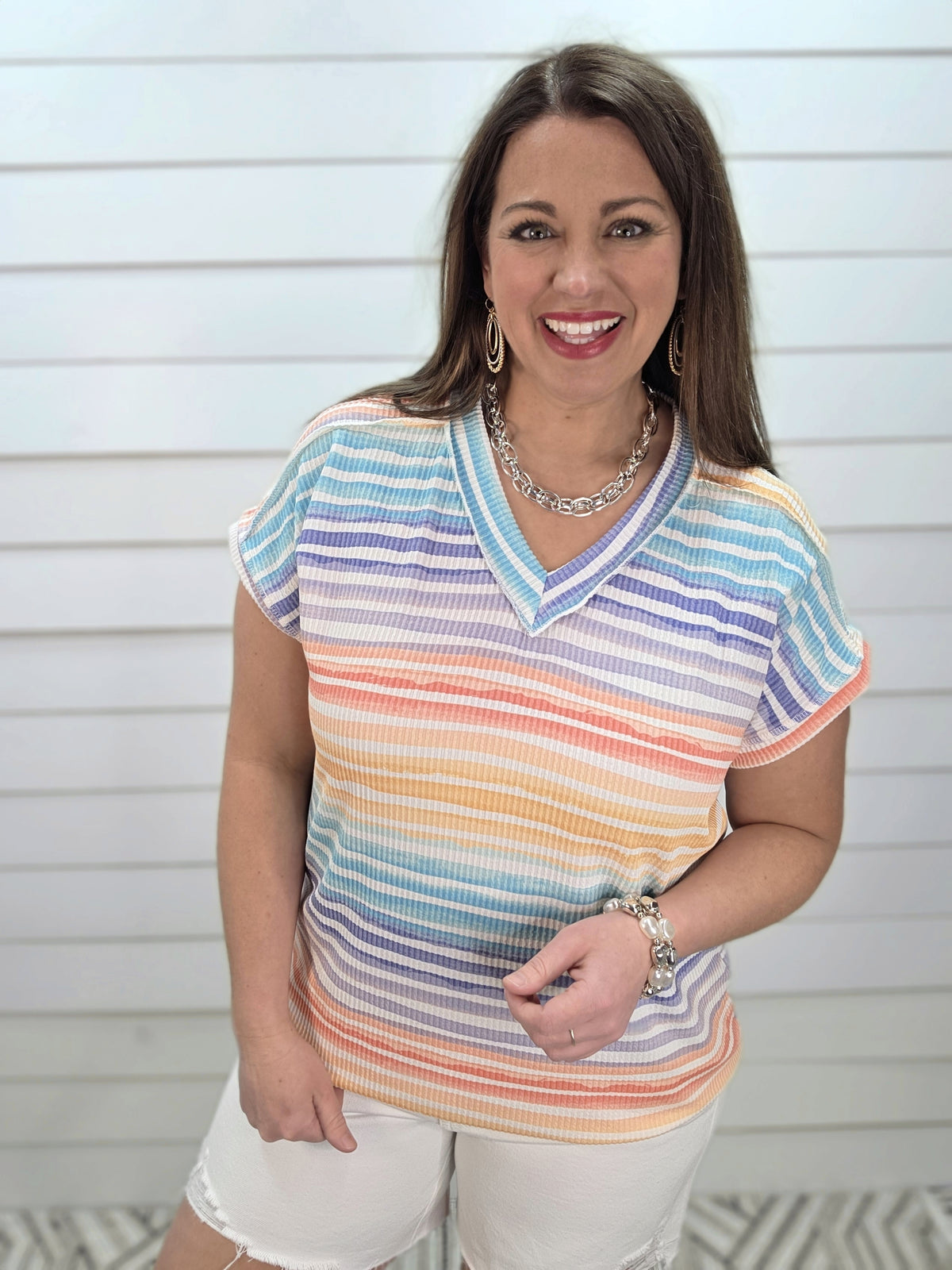 MULTI COLOR STRIPED RAISED RIBBED KNIT TOP
