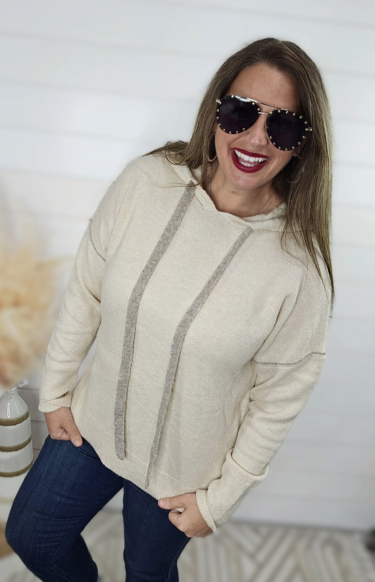 OATMEAL CONTRAST LIGHT WEIGHT SWEATER HOODIE