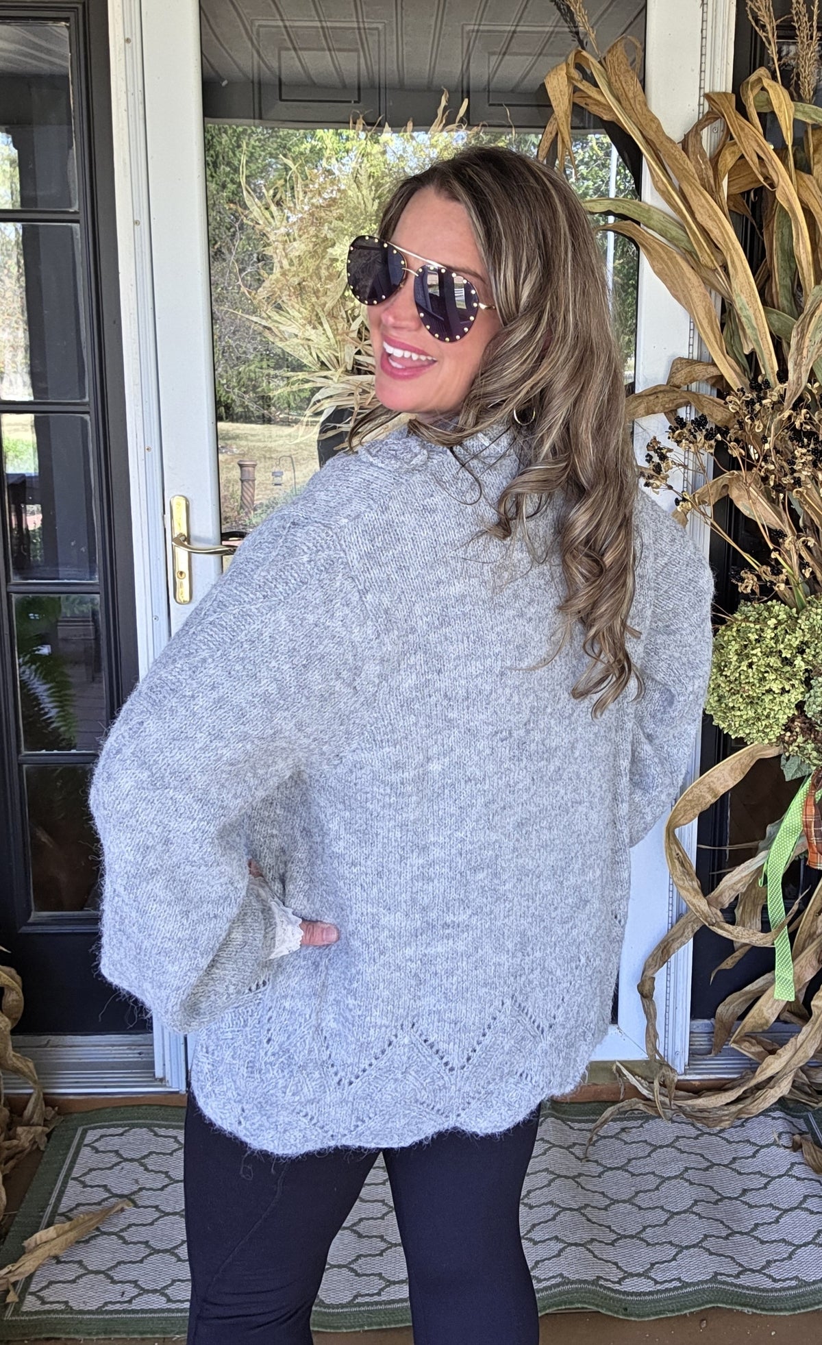 POL HEATHER GREY FLORAL TRIM SWEATER WITH SCALLOPS AND LACE TRIM