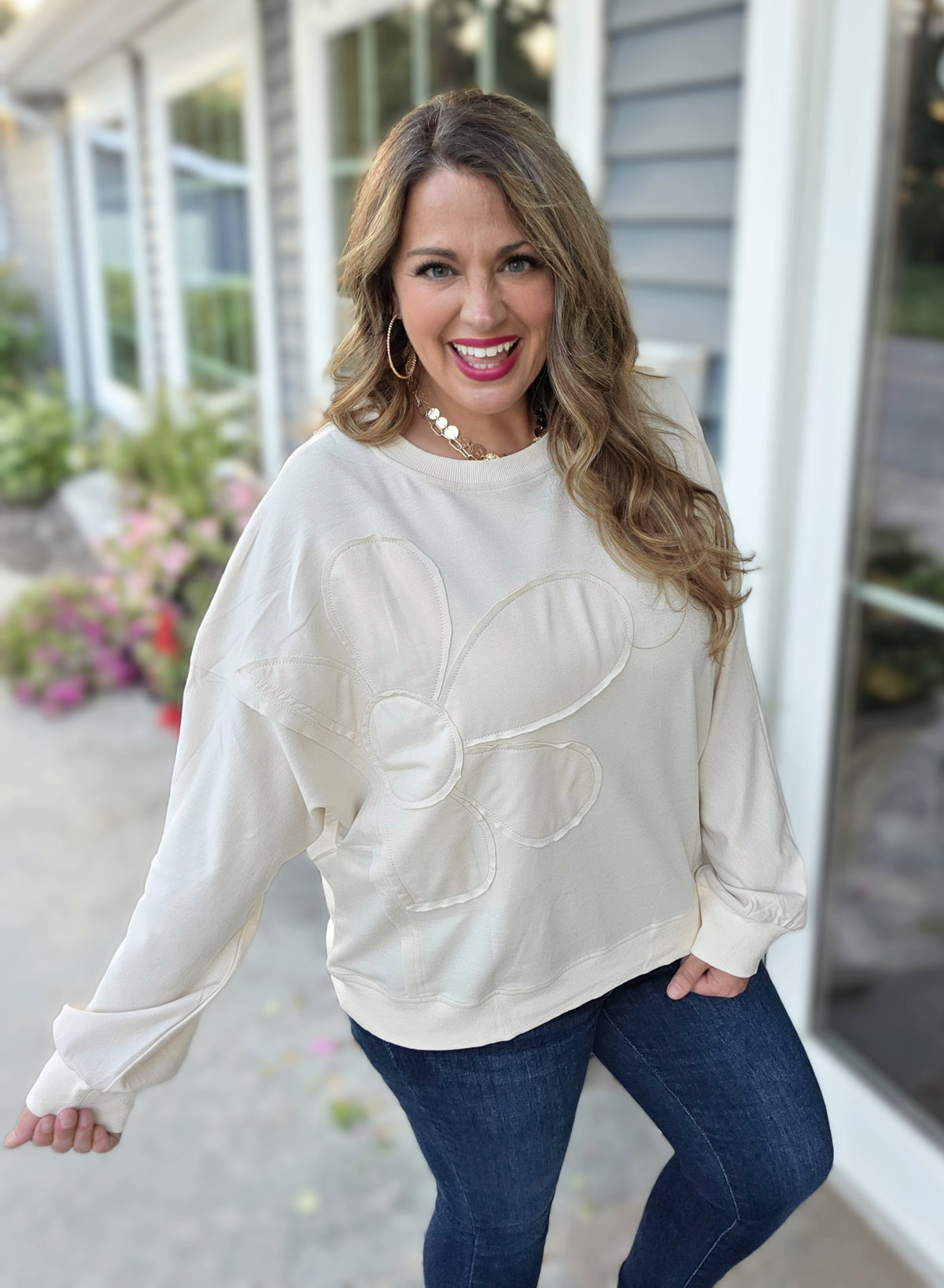 BEIGE LARGE FLORAL KNIT TOP