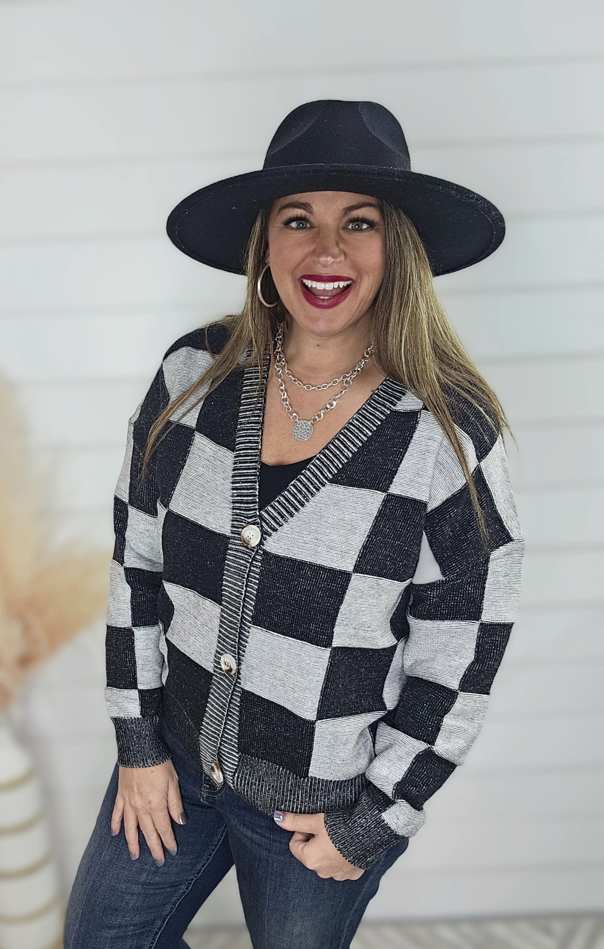 BLACK CHECKERED BUTTON CARDIGAN/SWEATER