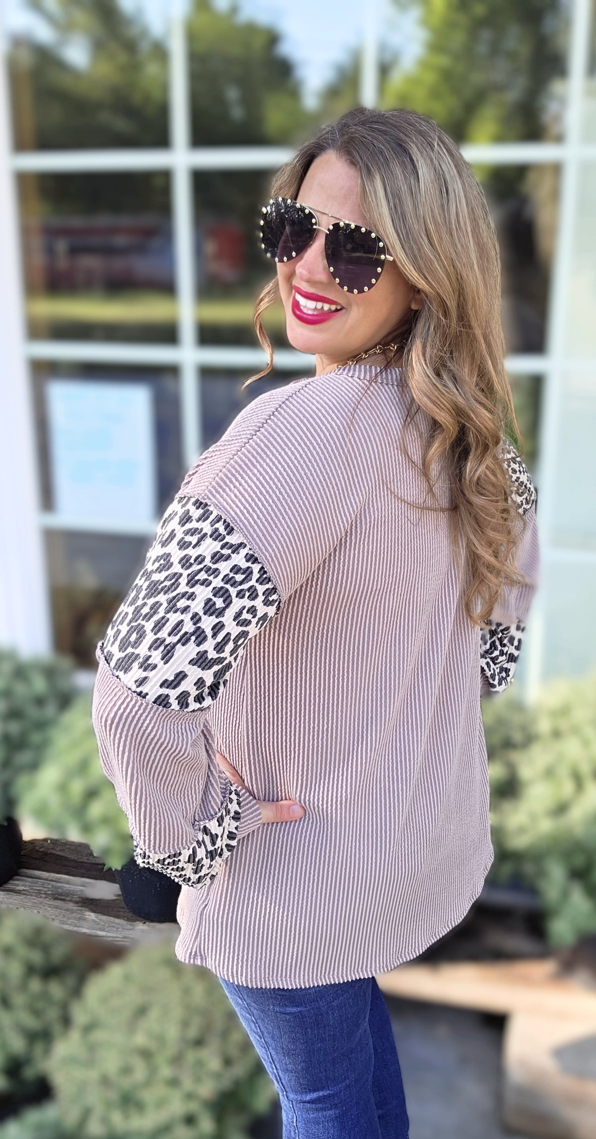 TAUPE RAISED RIBBED LEOPARD CONTRAST HENLEY