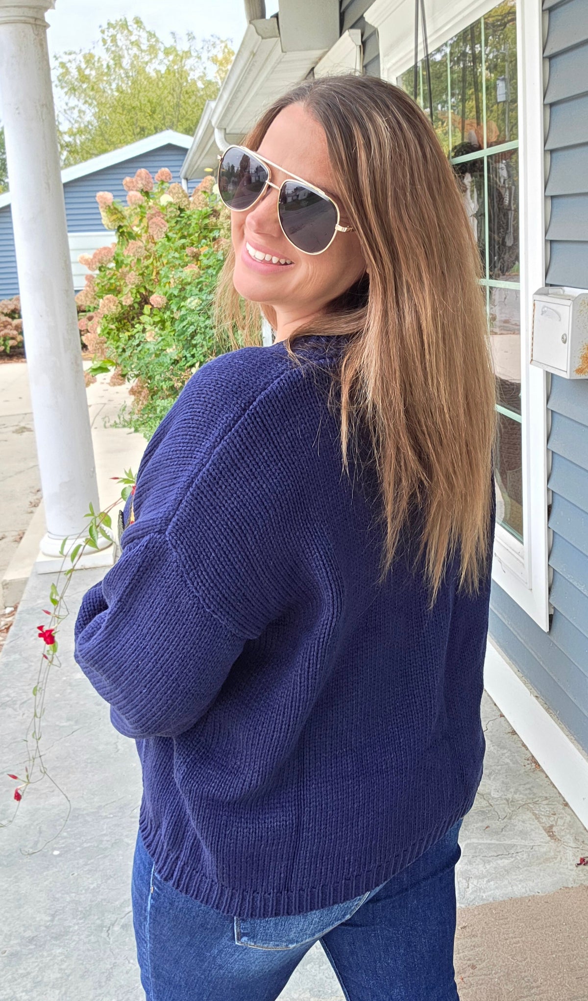 NAVY V Neck Button Down Long Sleeve Oversized Loose Fit Sweater Cardigan With Flower