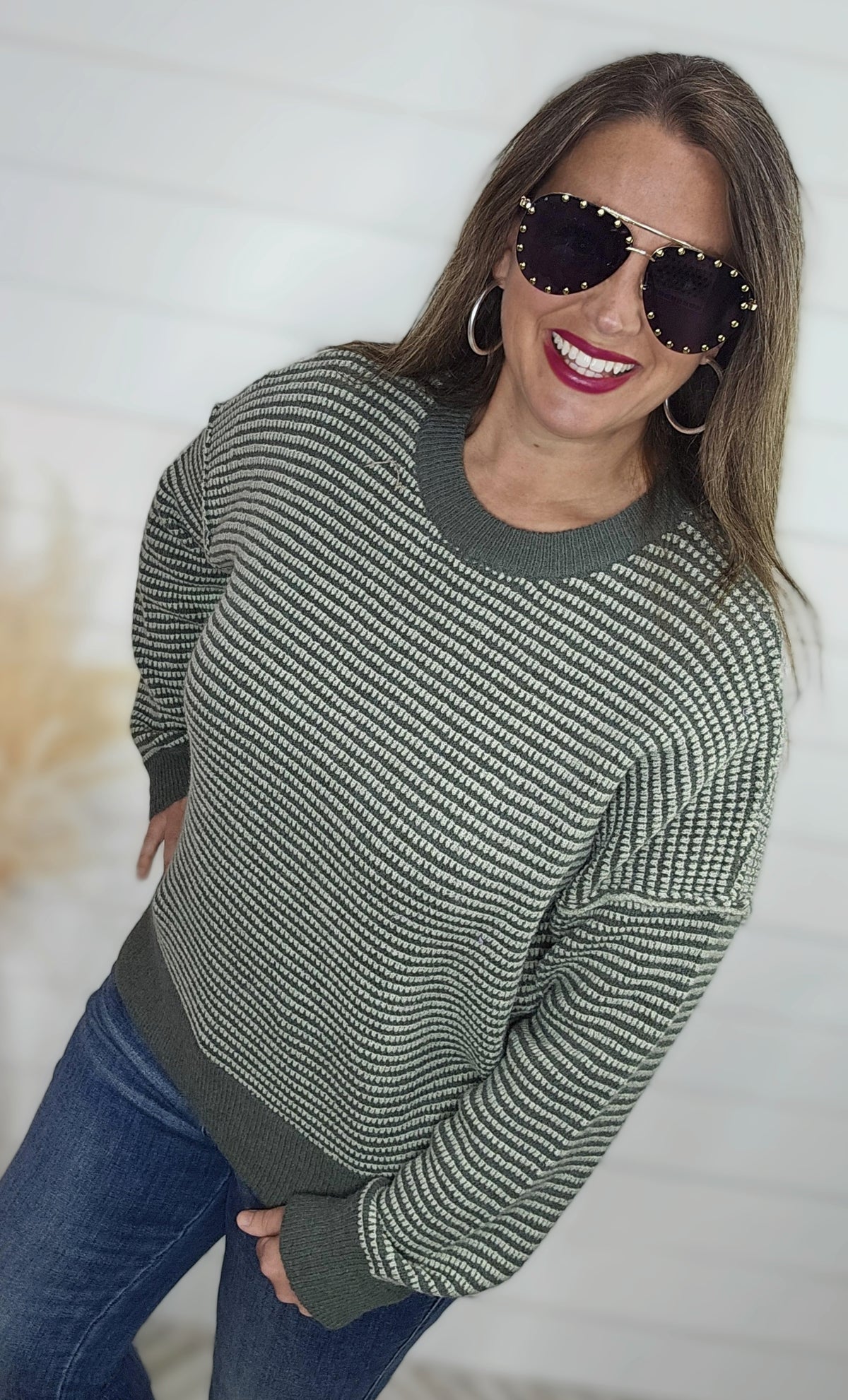 SAGE WAFFLE TEXTURED TWO TONE PULLOVER SWEATER