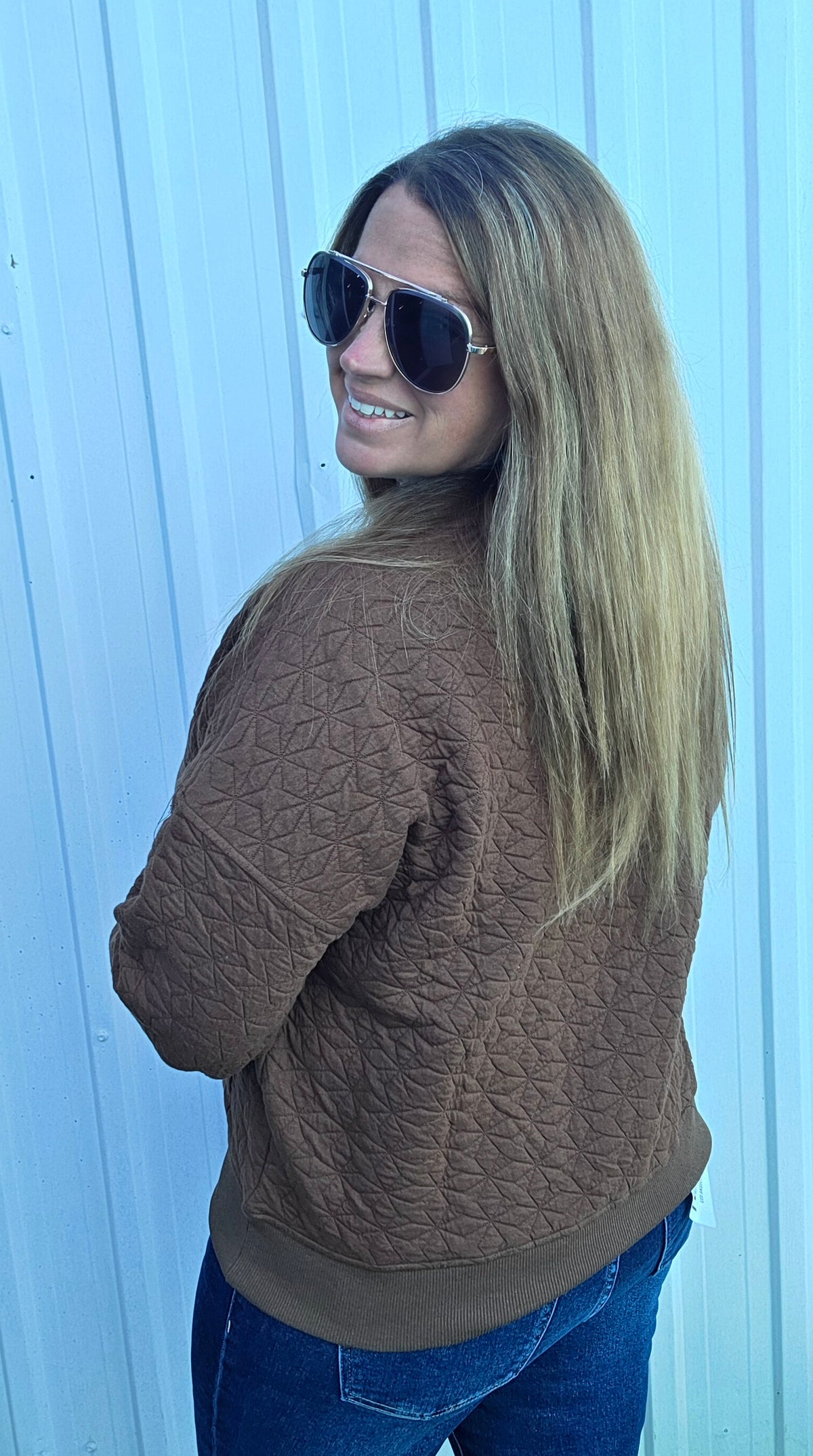 BROWN Crew Neck, Kangaroo Pocket, Quilted Texture Pullover