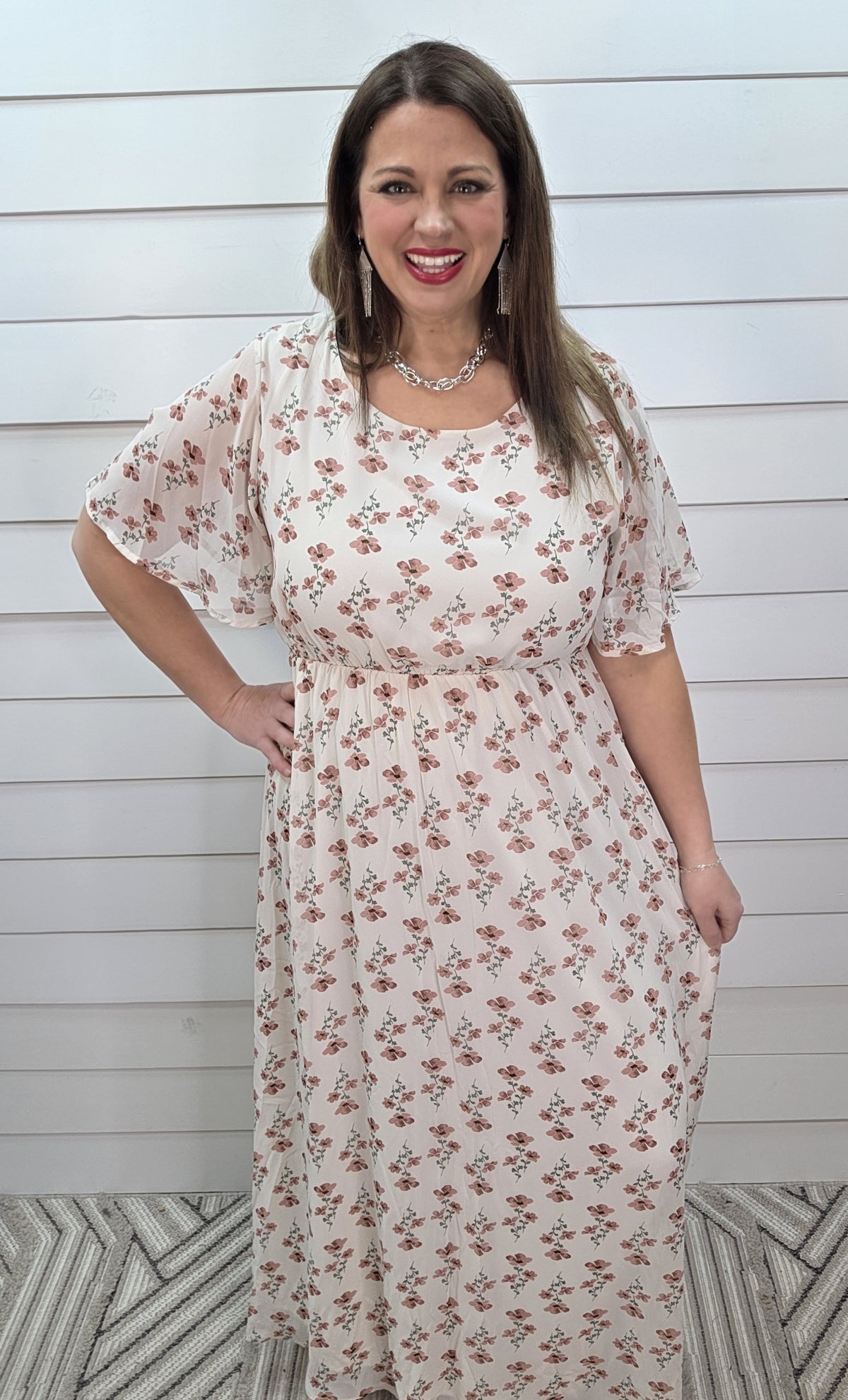 IVORY/ROSE FLORAL ELASTIC WAIST DRESS