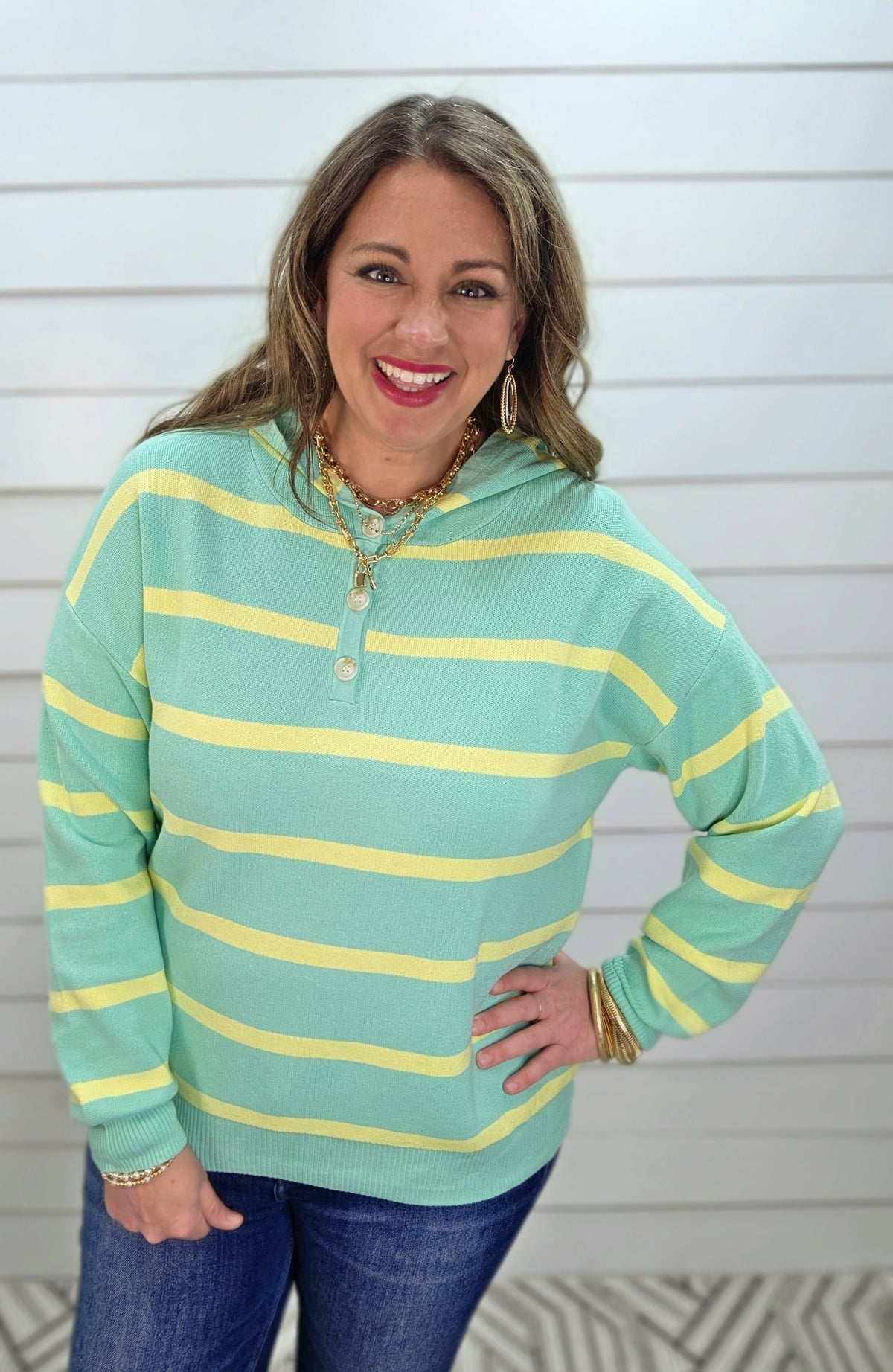 MINT/YELLOW BUTTON HENLEY HOODED KNIT PULLOVER SWEATER