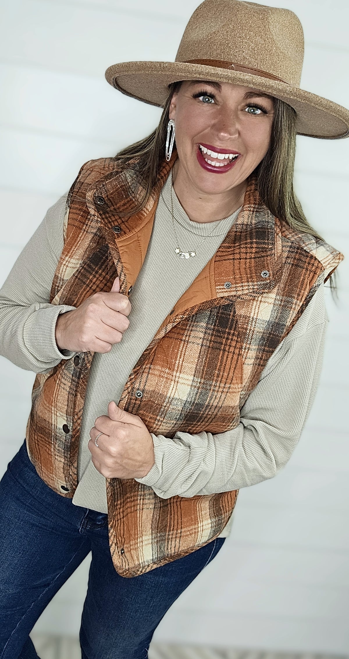 RUST PLAID SNAP BUTTON VEST