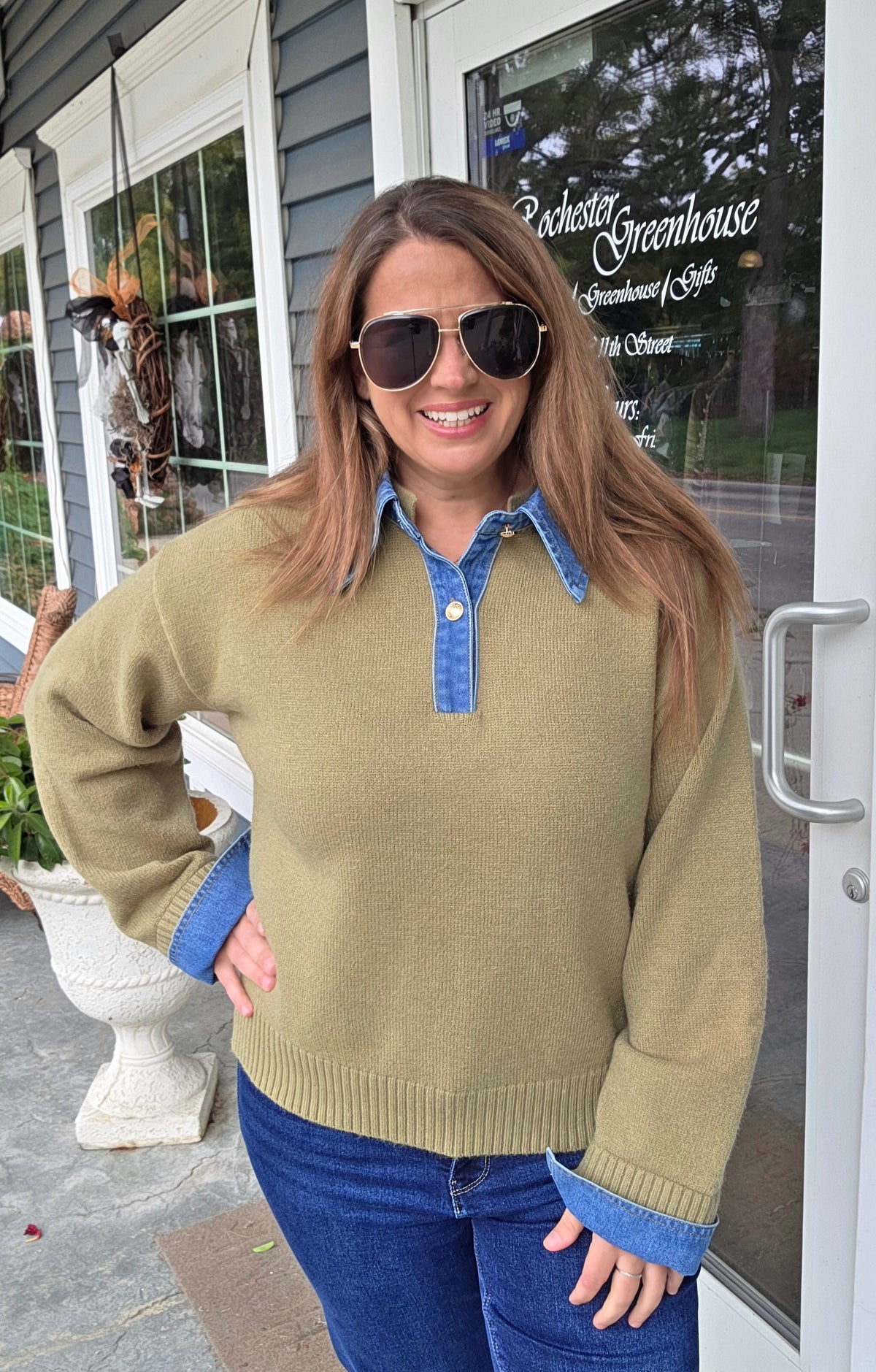 LT OLIVE SWEATER W/ DENIM TRIM