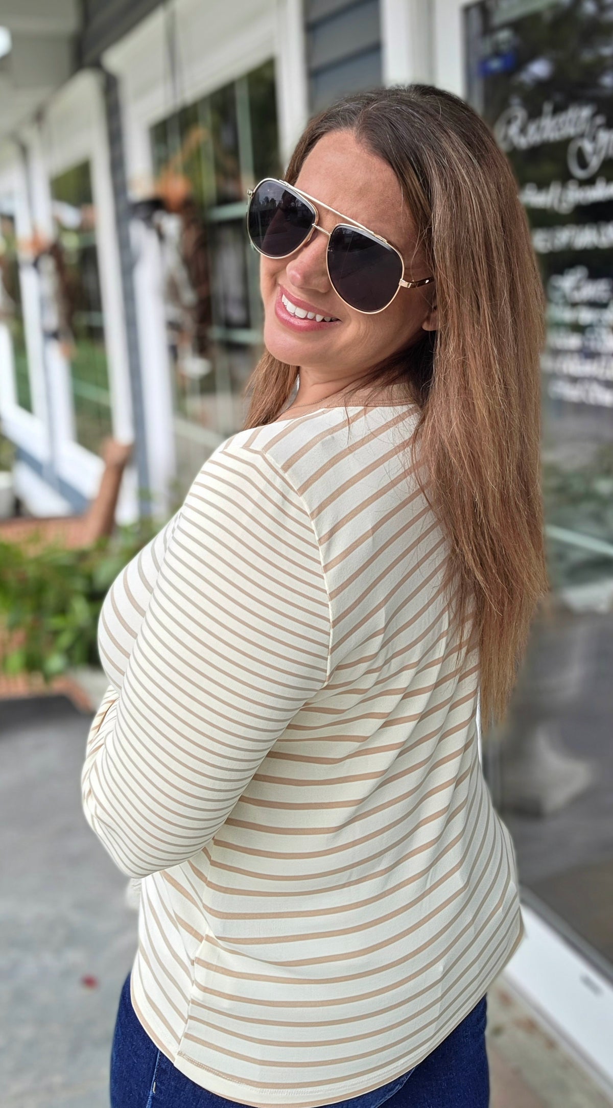 Ivory/Beige Color Contrasted Button Henley, Long Sleeve, Stripe Knit Top