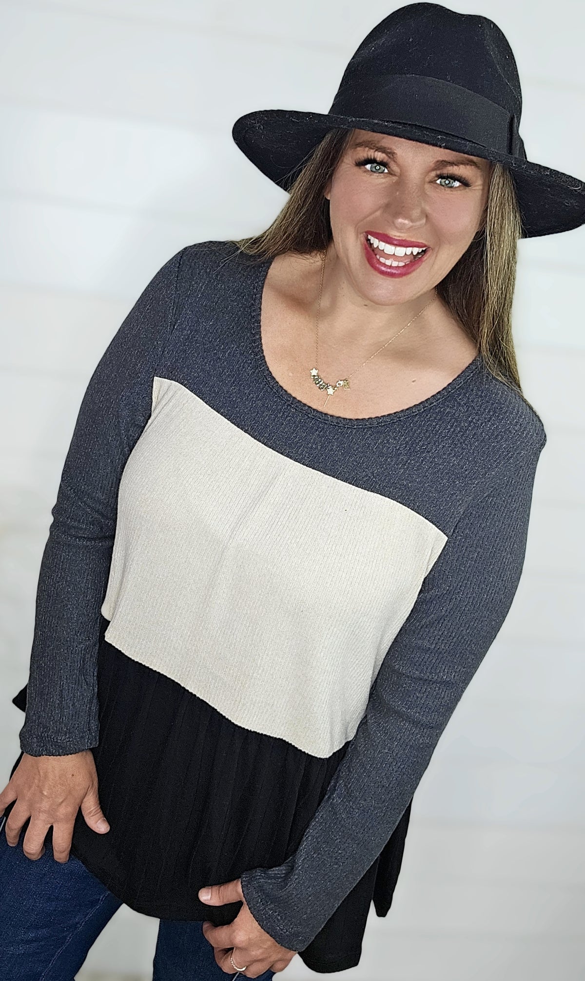 CHARCOAL/OATMEAL COLORBLOCK BRUSHED RIBBED TOP