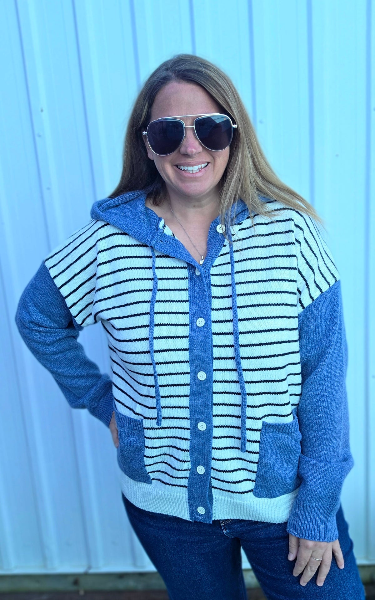 IVORY/DENIM Striped, Hoodie, Button Down Jacket Cardigan Sweater