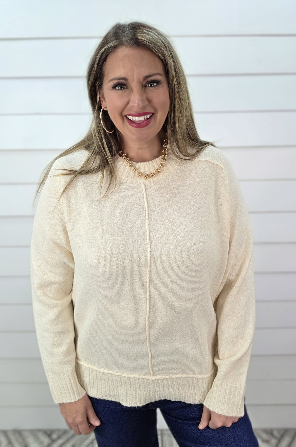 OATMEAL CENTER SEAM RAGLAN SLEEVE CREW NECK PULLOVER SWEATER