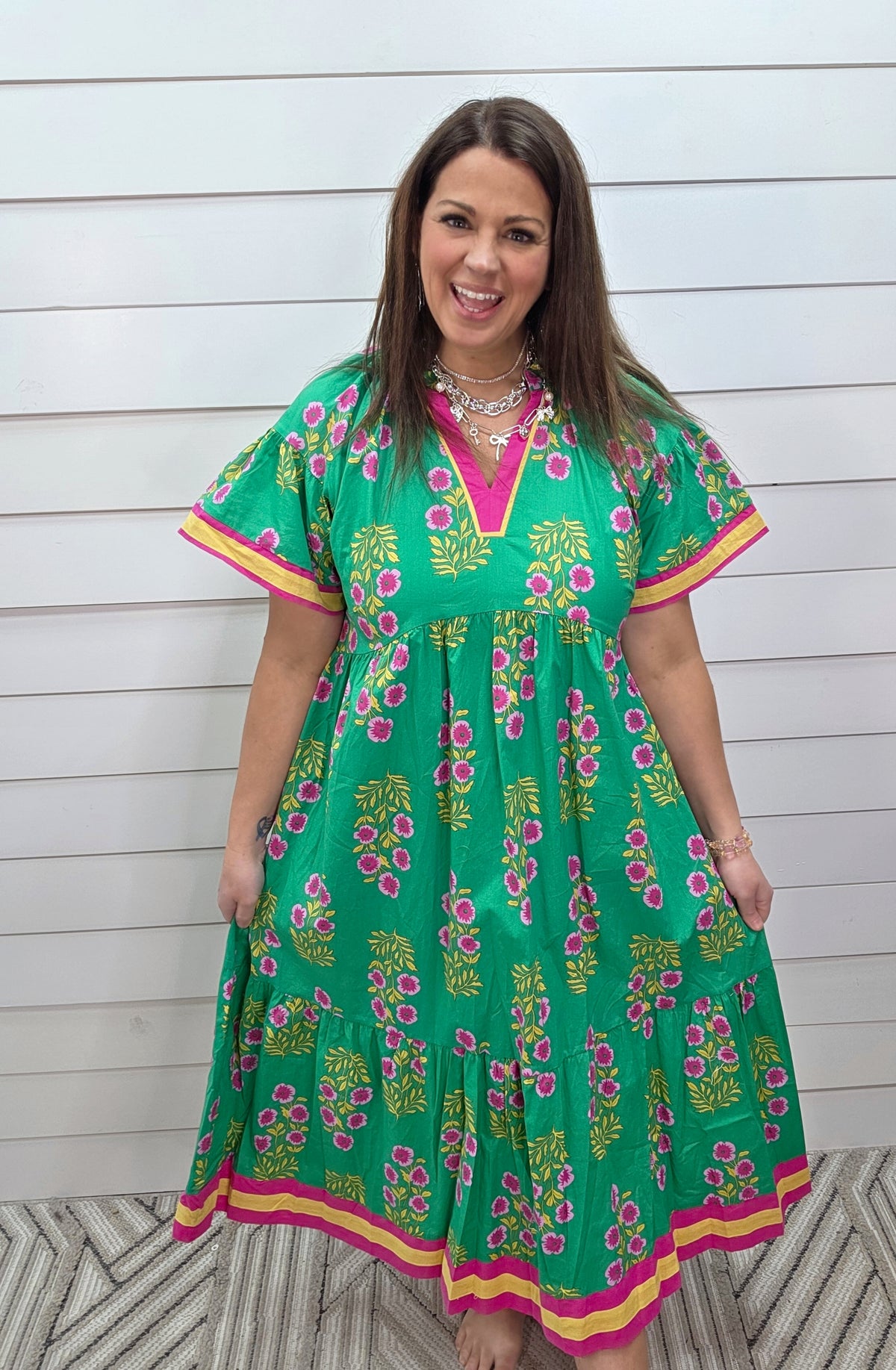 GREEN/PINK/YELLOW FLORAL V NECK LONG DRESS