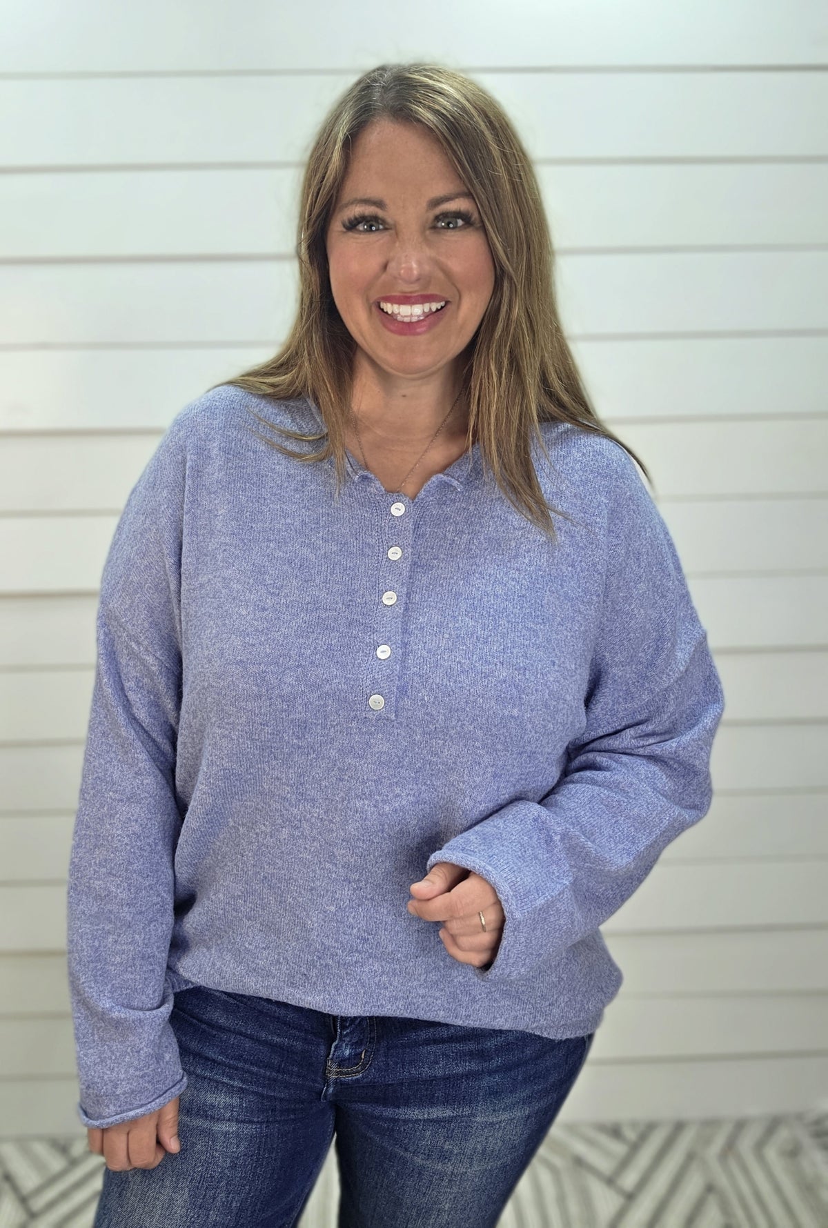 DENIM Raw Rolled Edge Henley Relaxed Pullover Sweater