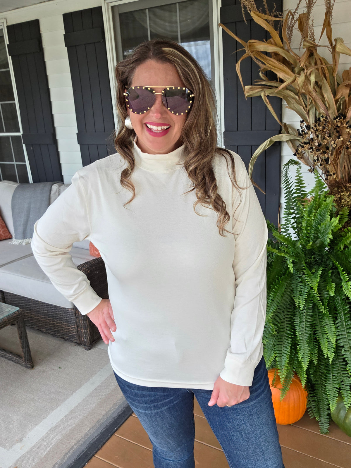 CREAM MOCK NECK COTTON BLEND TOP