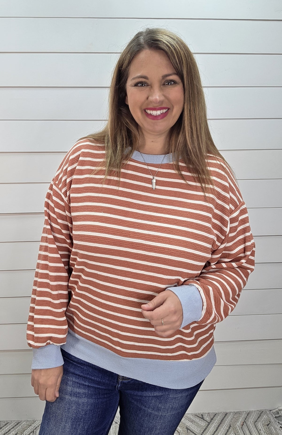 DARK MAUVE/BLUE CLOUD FABRIC STRIPED KNIT TOP