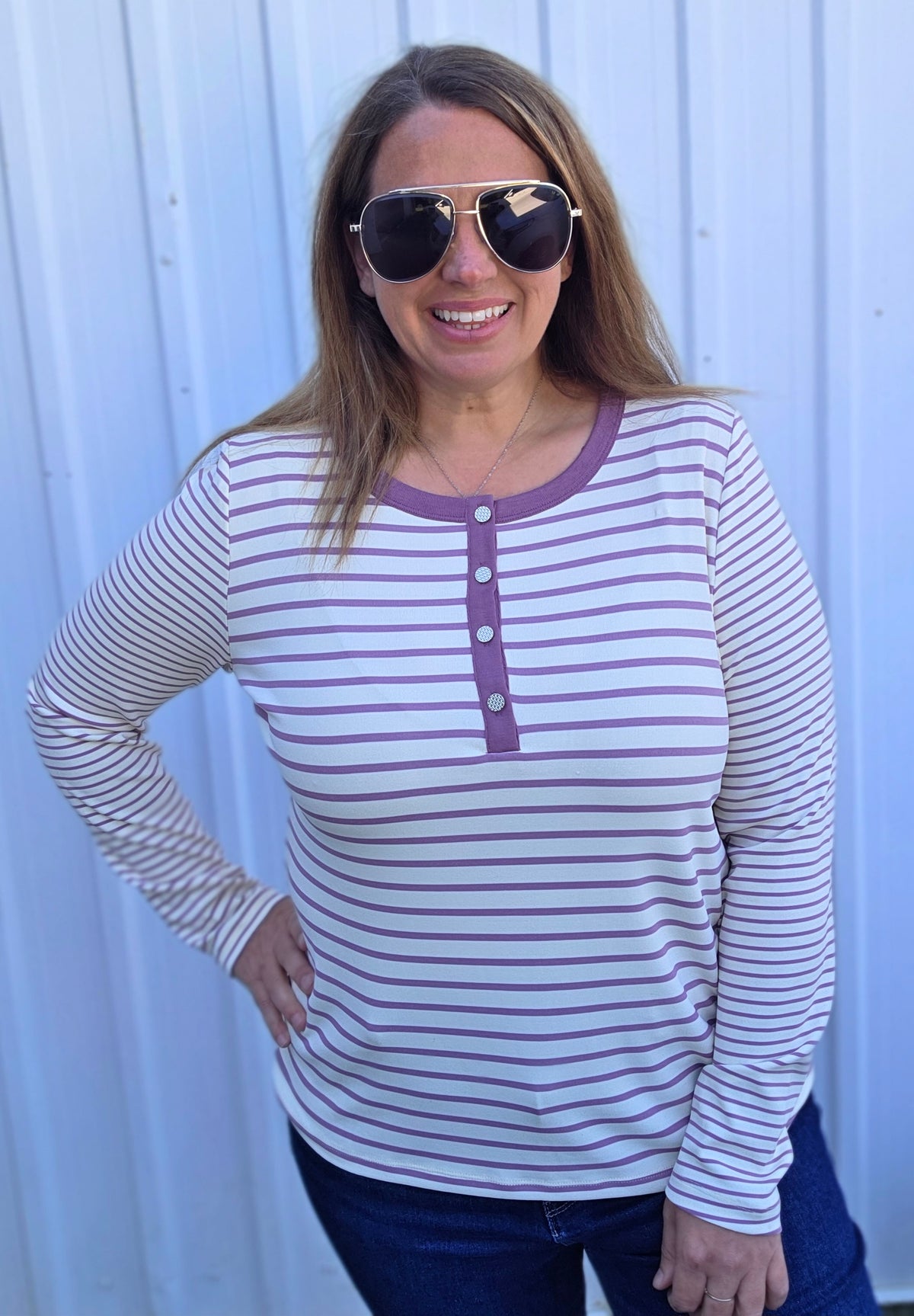 Ivory/Lavender Color Contrasted Button Henley, Long Sleeve, Stripe Knit Top