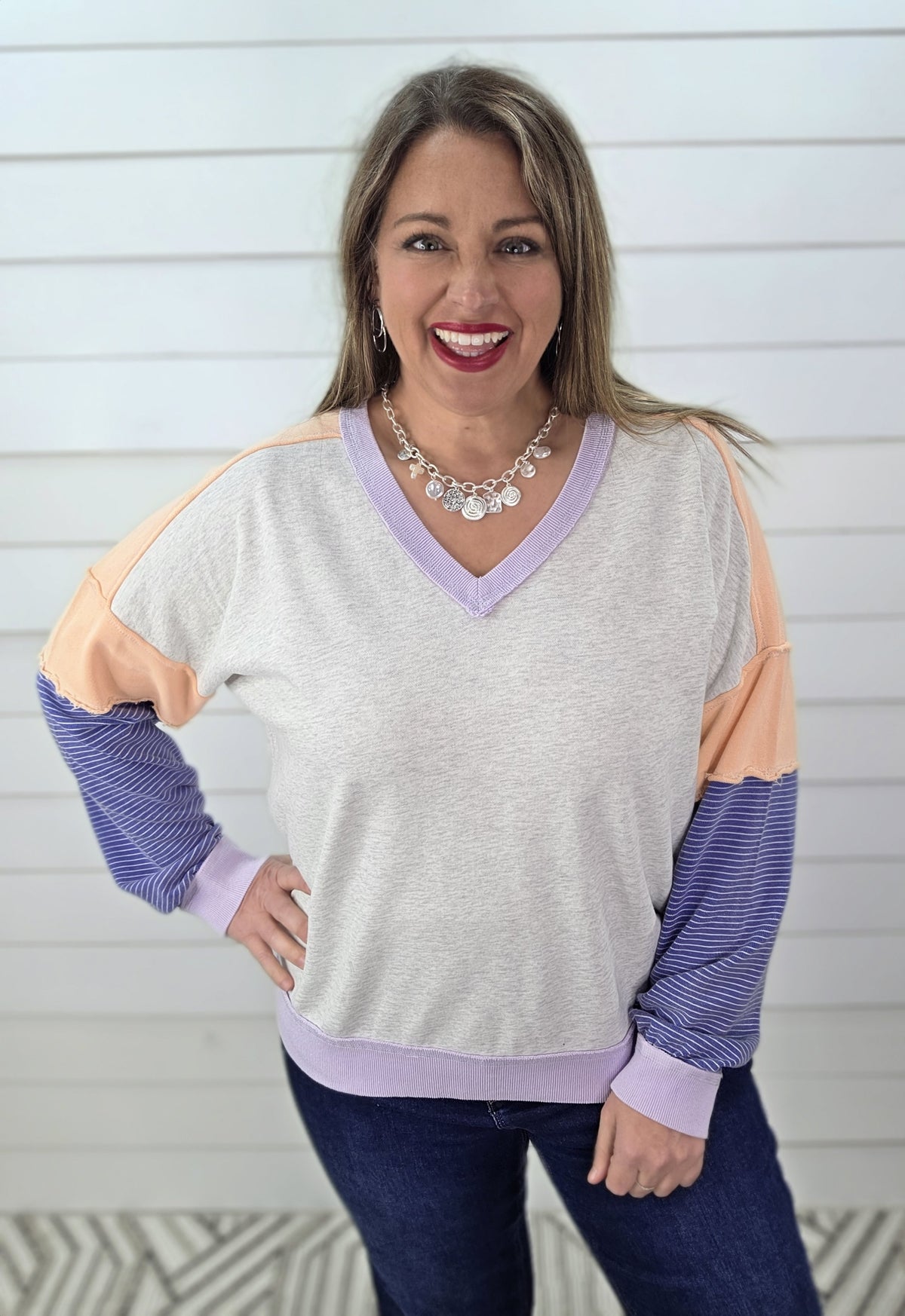 GREY/PEACH/BLUE CONTRAST V NECK PULLOVER