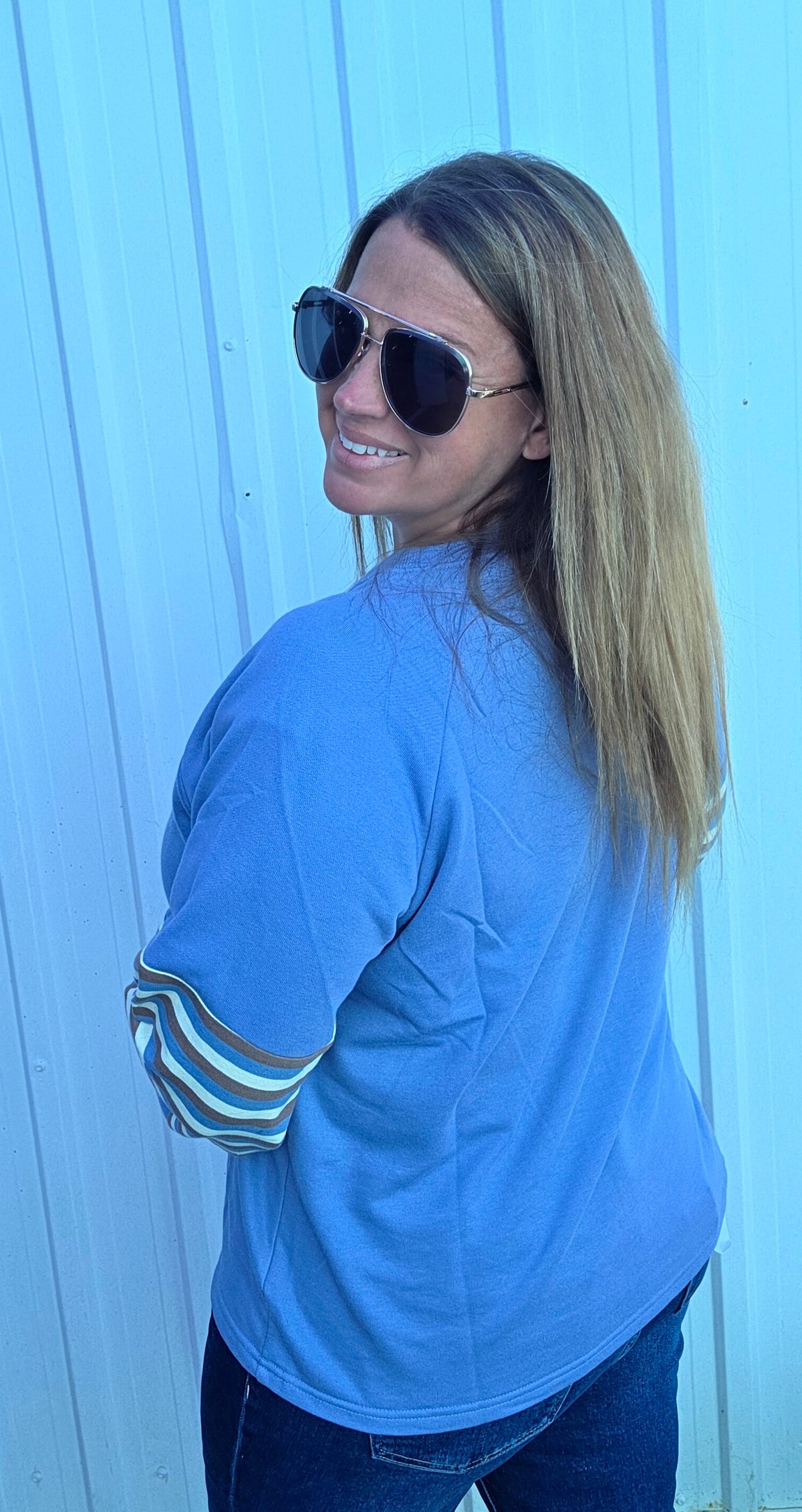 Denim Blue Crew Neck Raglan Sleeve Terry Mixed Stripe Top