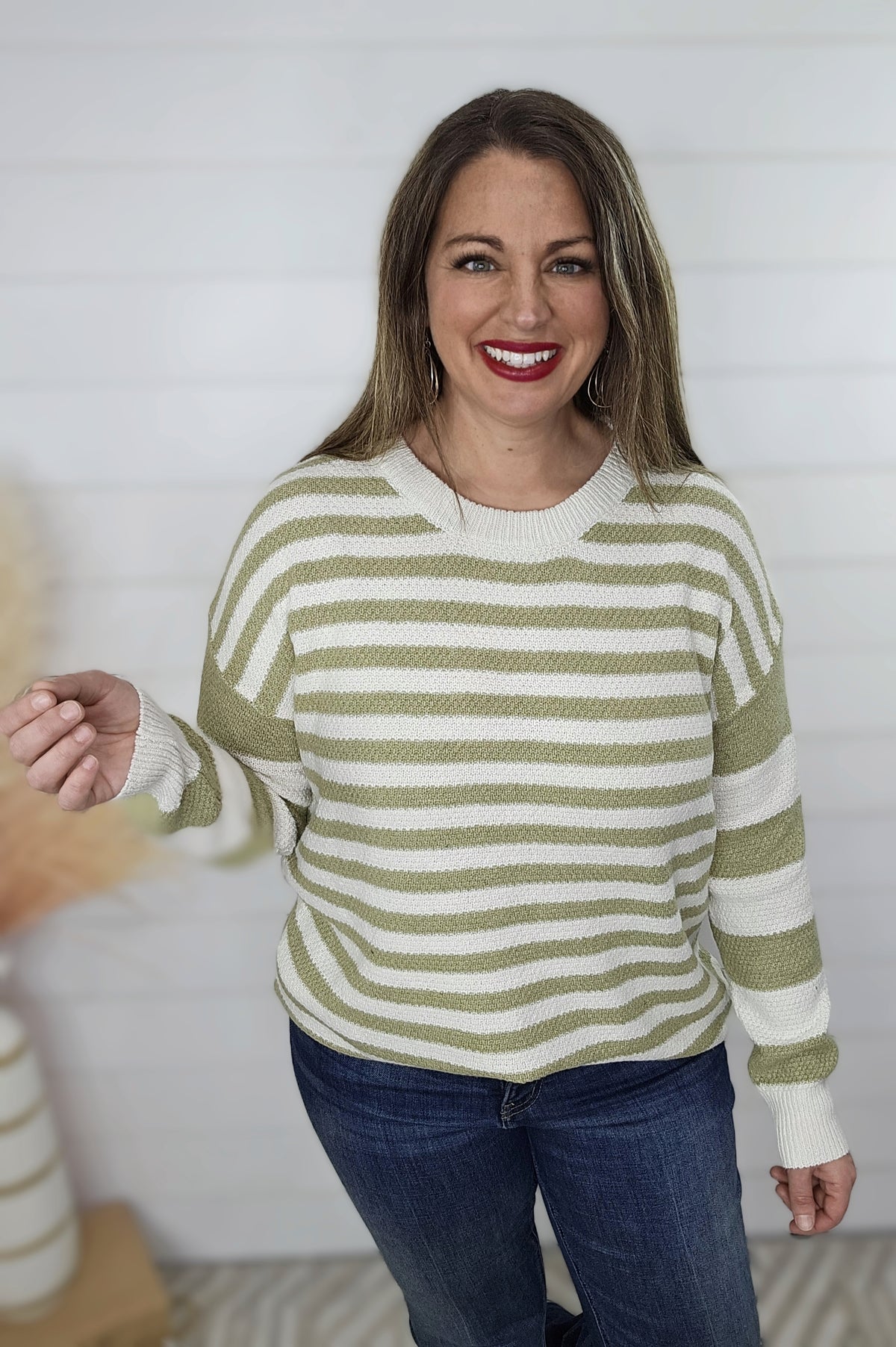 SAGE TEXTURED MULTI STRIPED LONG SLEEVE CREW NECK SWEATER