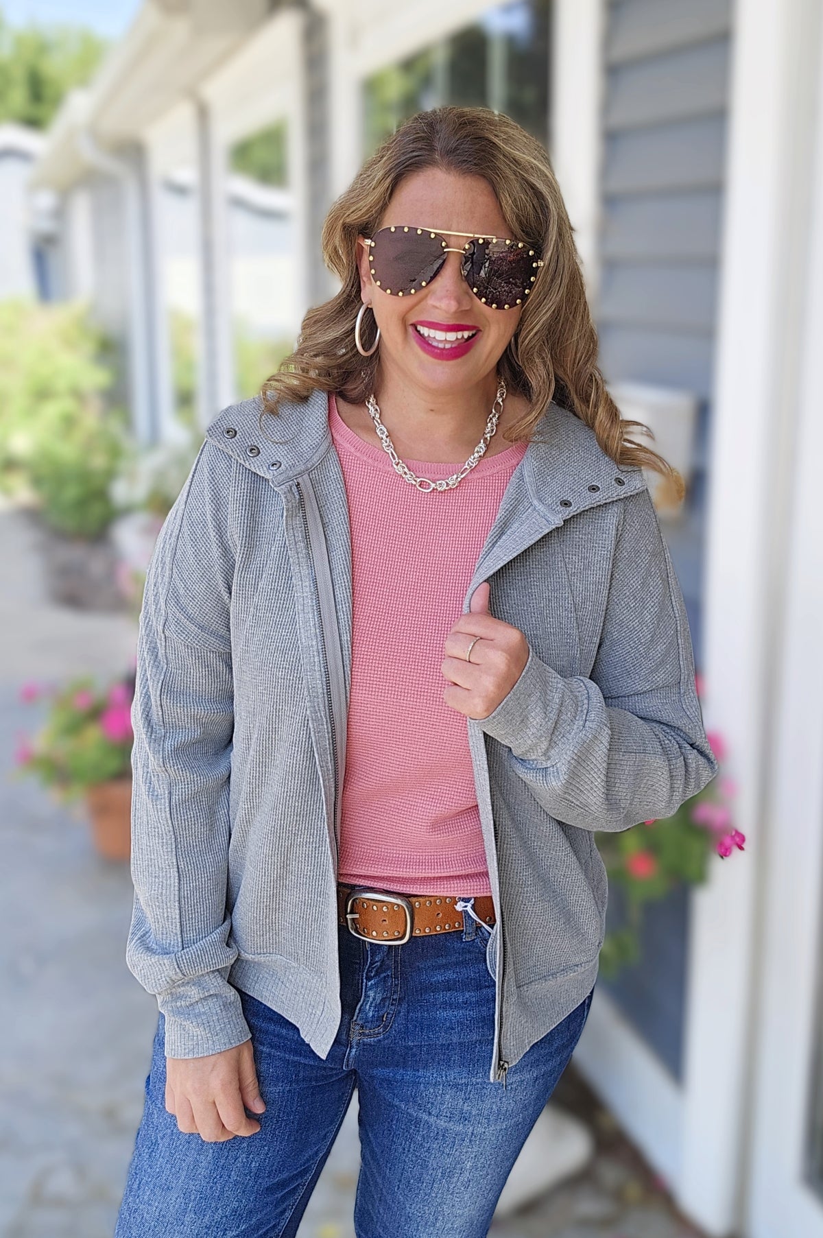 GREY WAFFLE TEXTURED ZIP UP JACKET