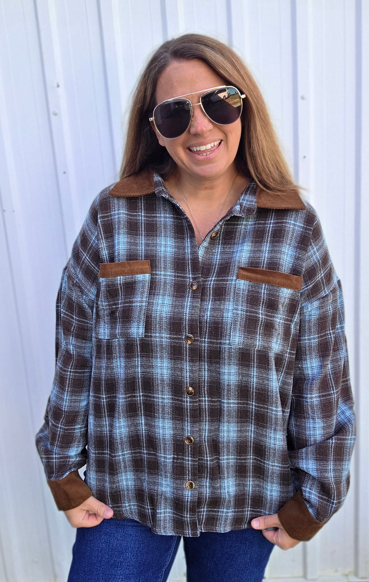 Blue Collared, Corded Patch Pocket, Front Button Down, Brushed Plaid Top