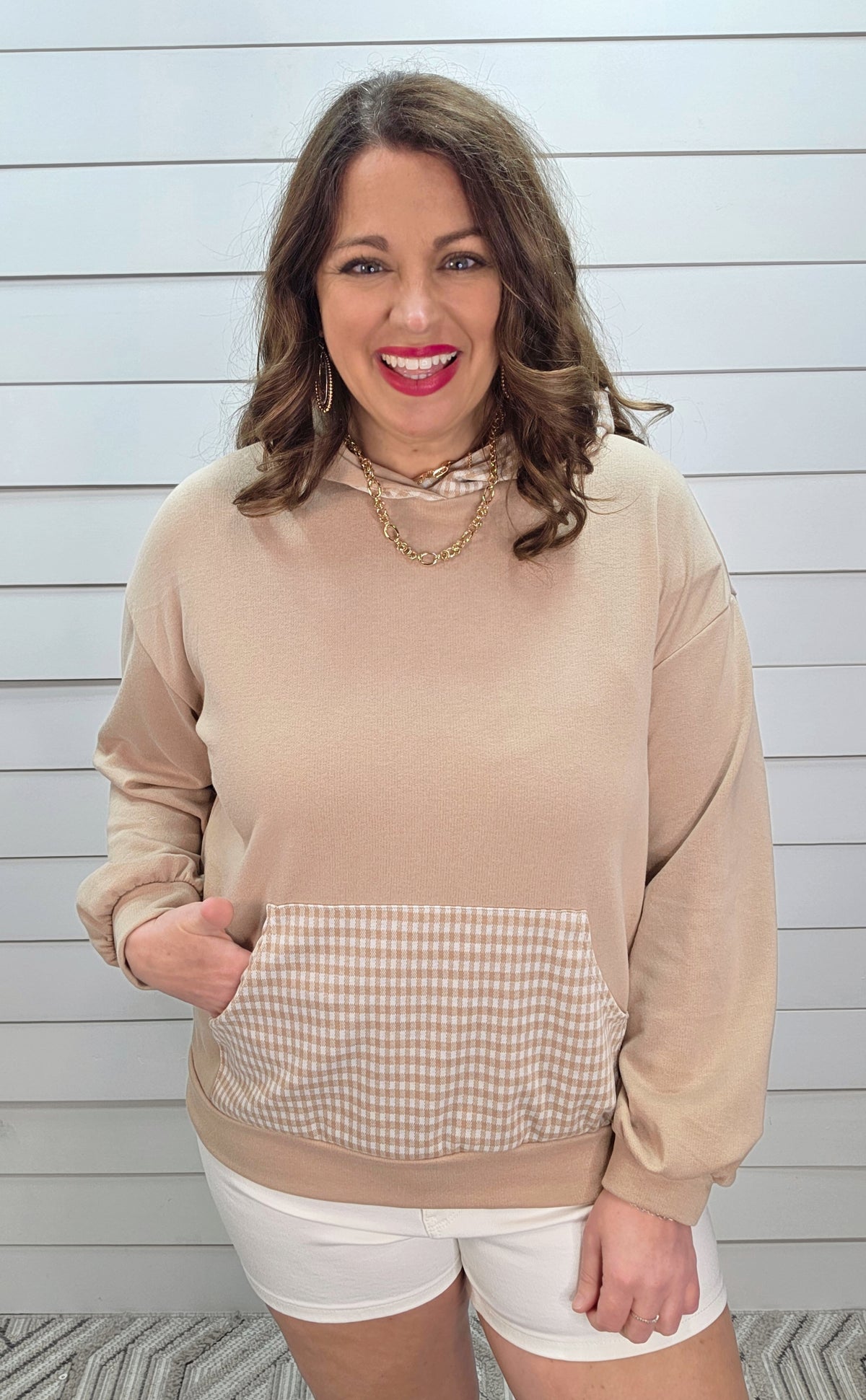 TAUPE FRENCH TERRY LIGHT WEIGHT GINGHAM HOODIE