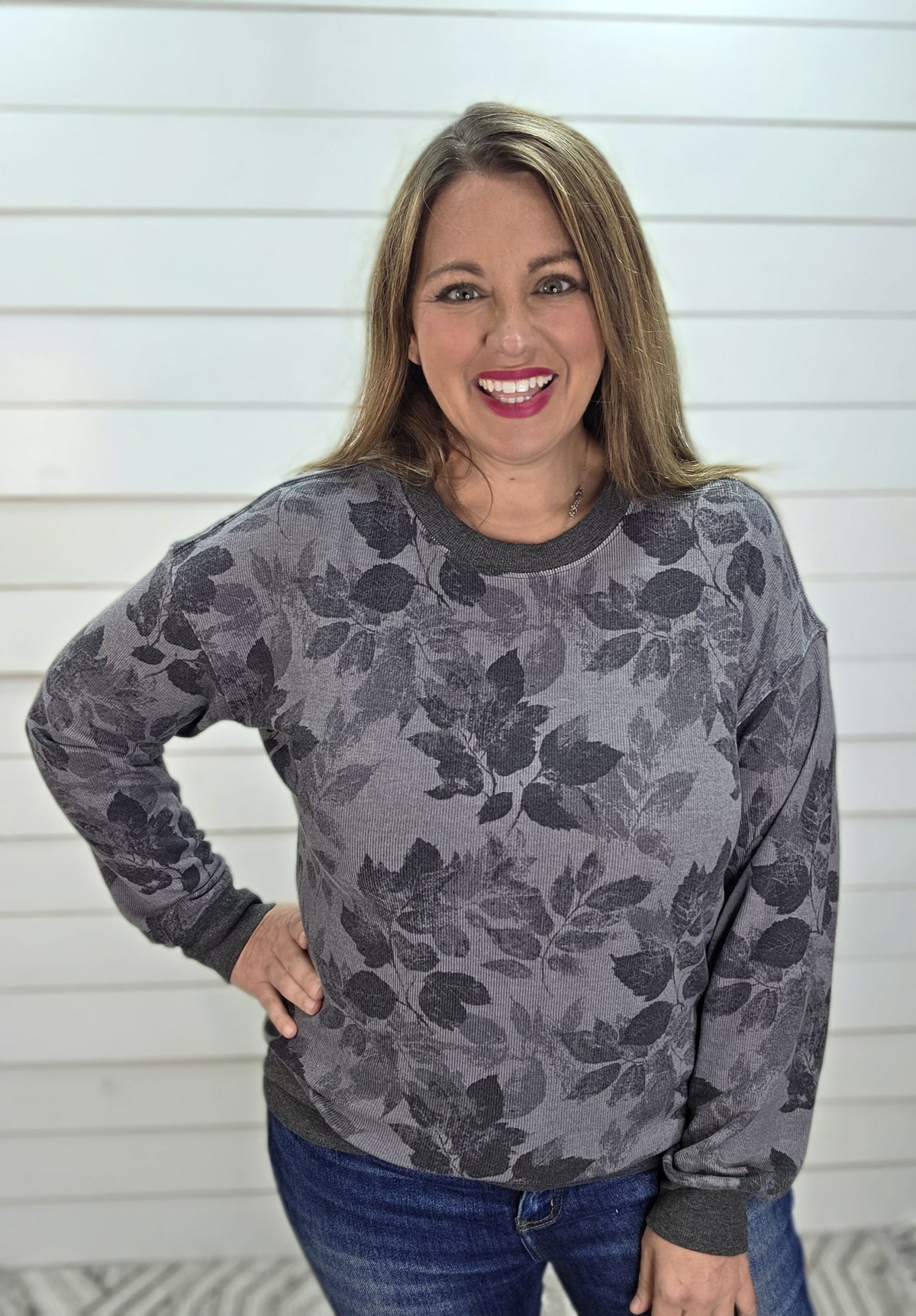 GREY Crew Neck, Long Sleeve, Rib Hacci Floral Printed Top