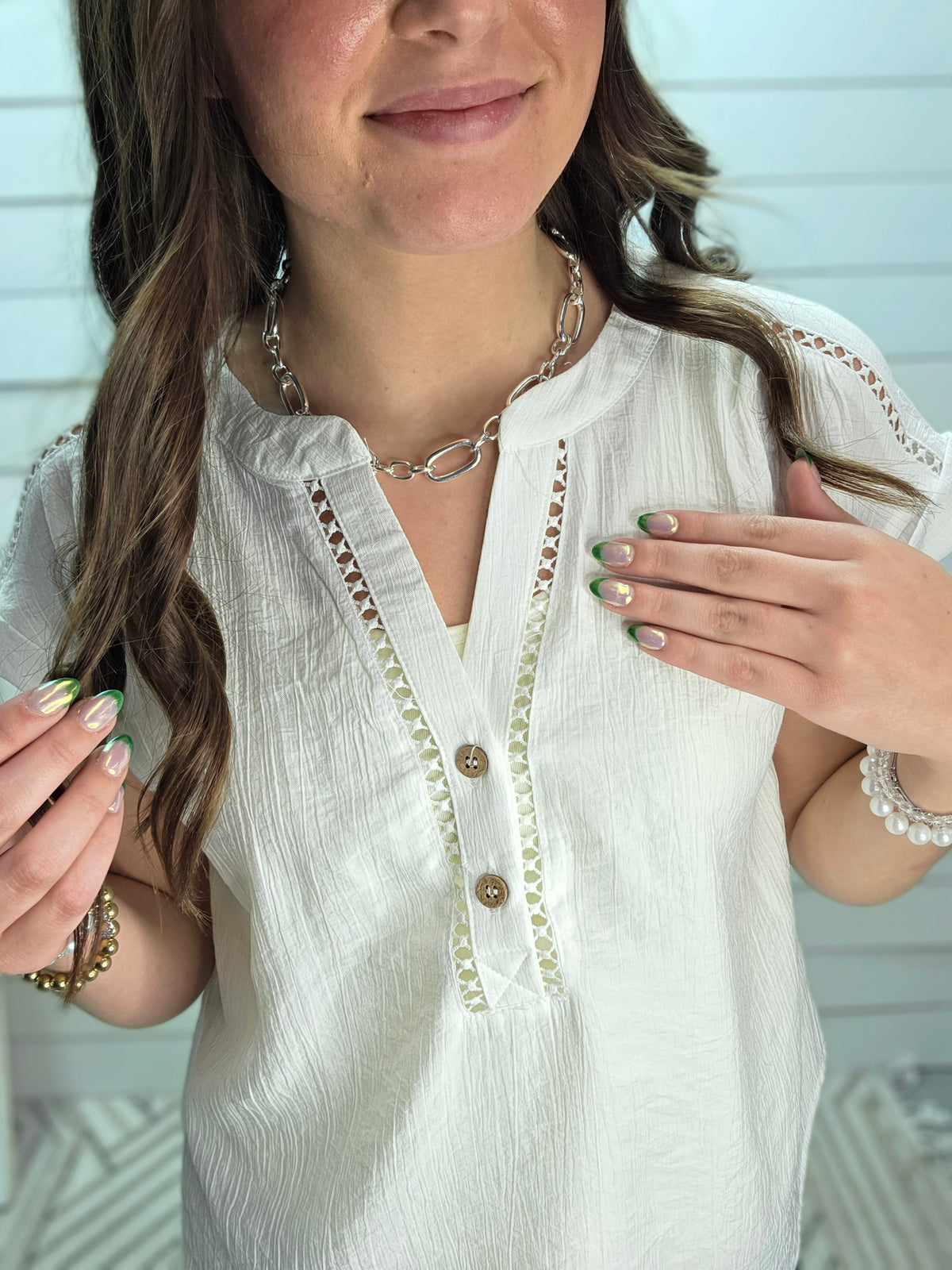 WHITE HALF BUTTON LACE LINE WOVEN TOP