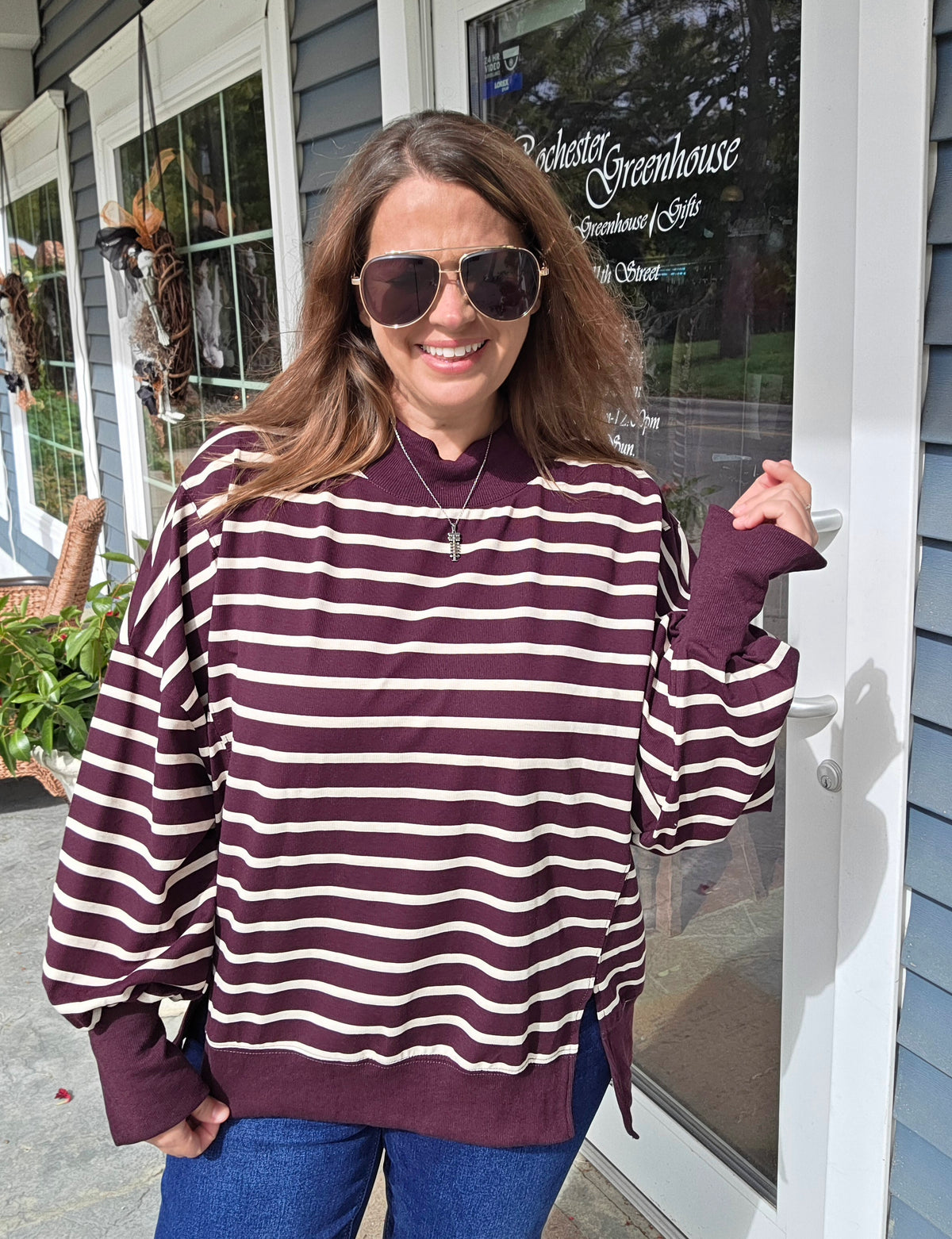 Raspberry and Ecru Striped Mock Neck oversized knit top