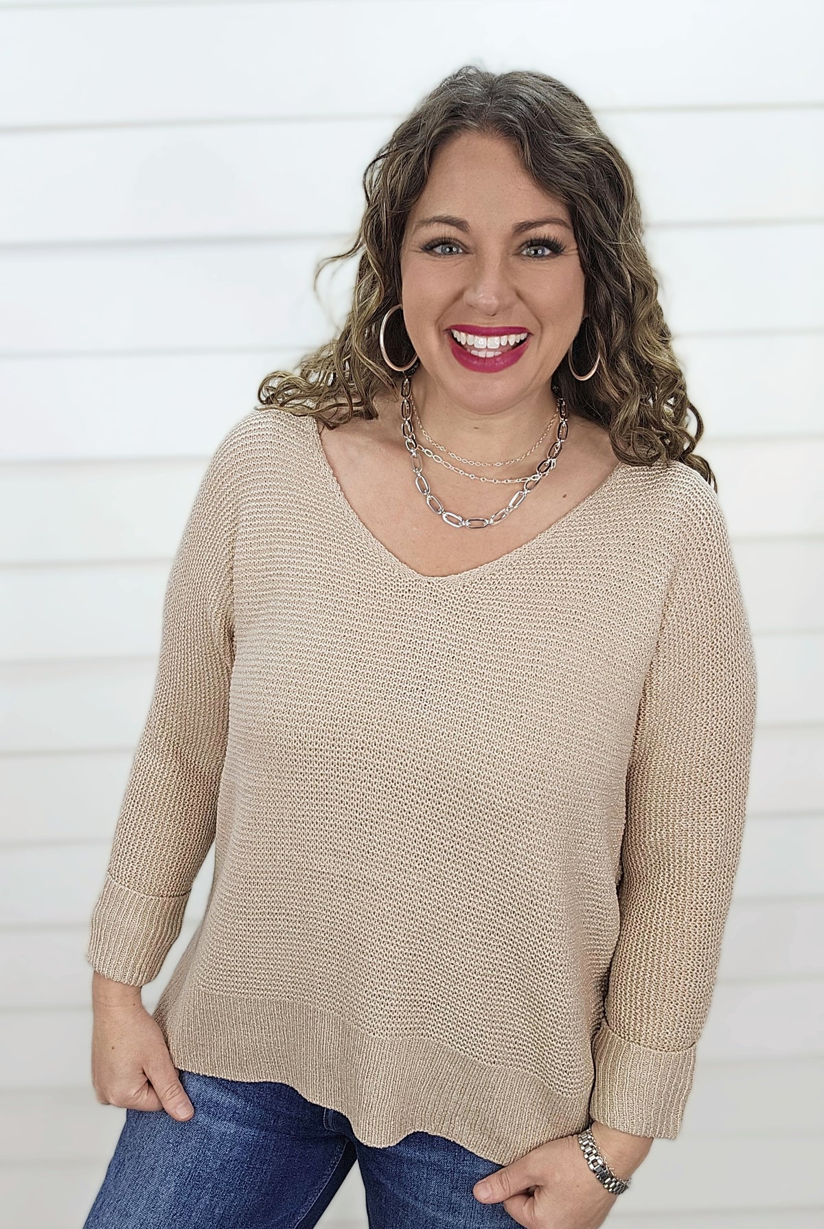 SAND V NECK SLOUCH SWEATER W/ ROLLED SLEEVES