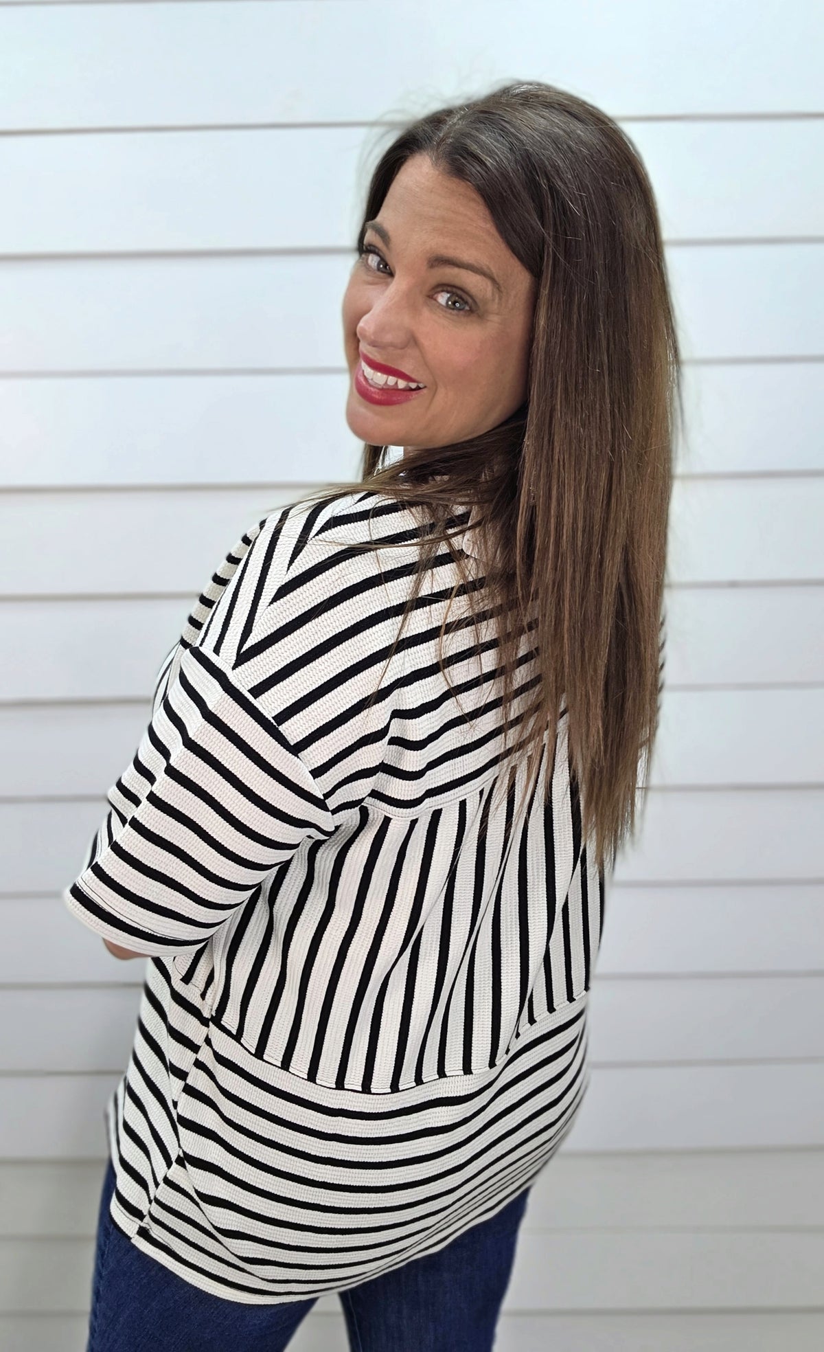 IVORY/BLACK STRIPED CONTRAST CLOUD KNIT TOP