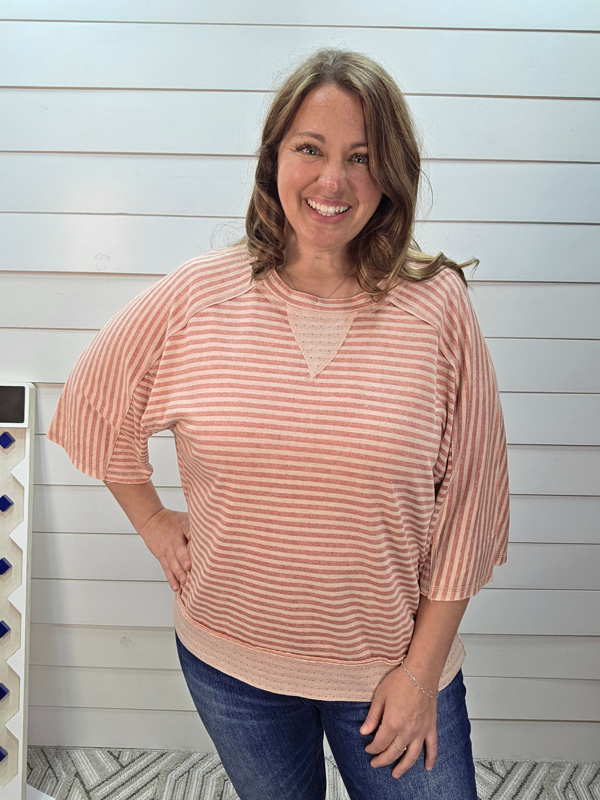 STRAWBERRY STRIPED HALF SLEEVE KNIT OVERSIZED TOP
