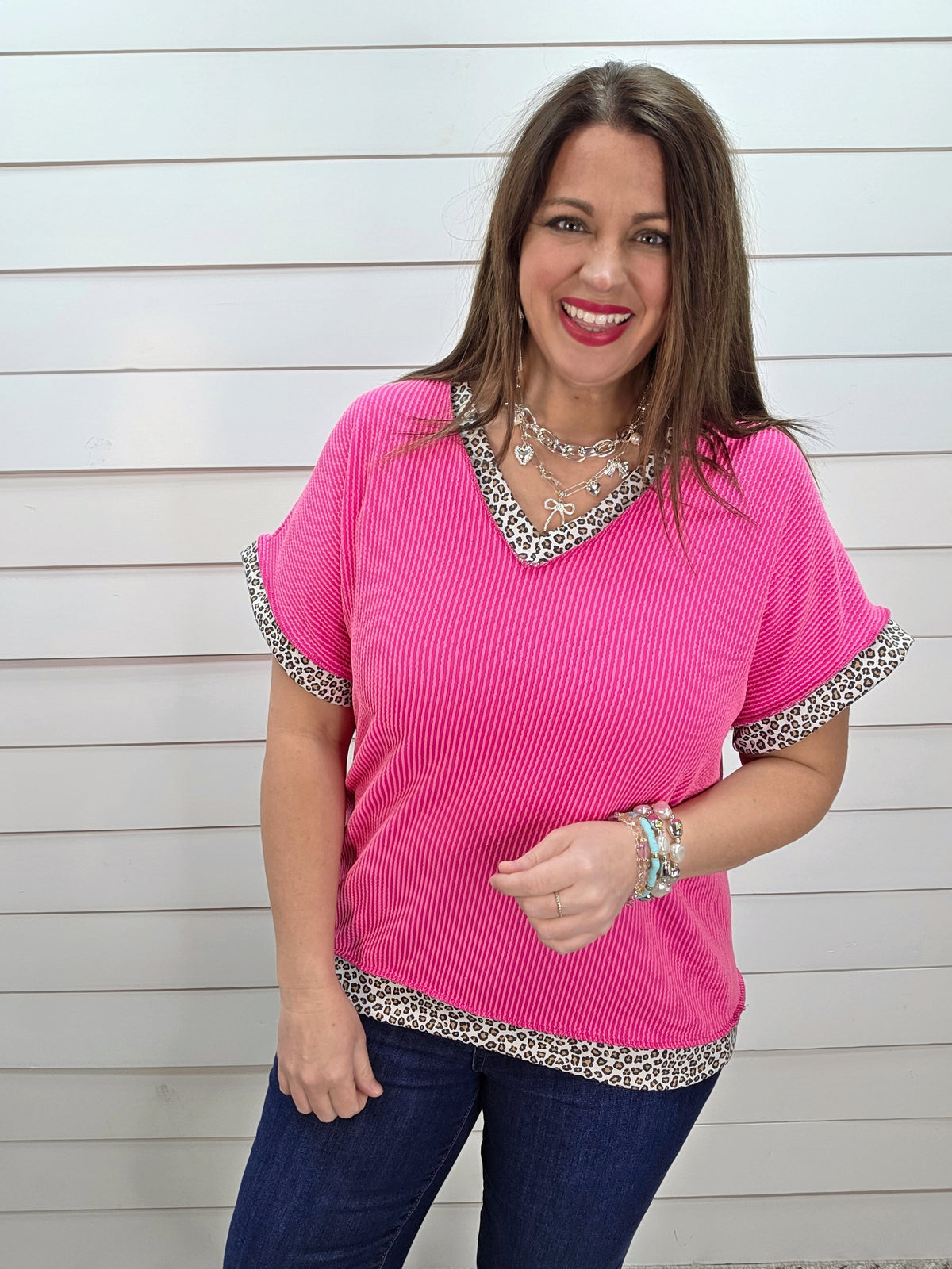 HOT PINK RAISED RIBBED TOP W/ LEOPARD TRIM