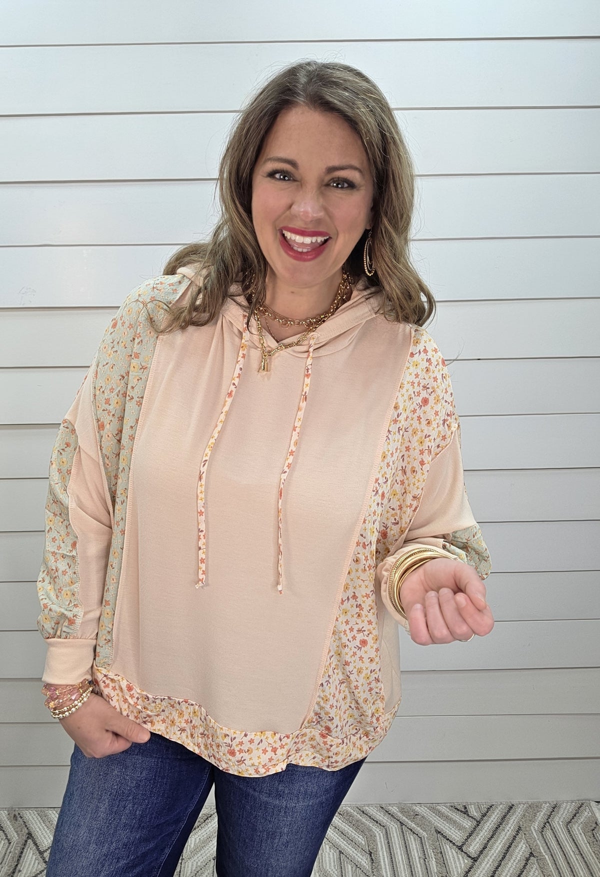 OATMEAL DITSY FLORAL CONTAST LOOSE FIT HOODIE