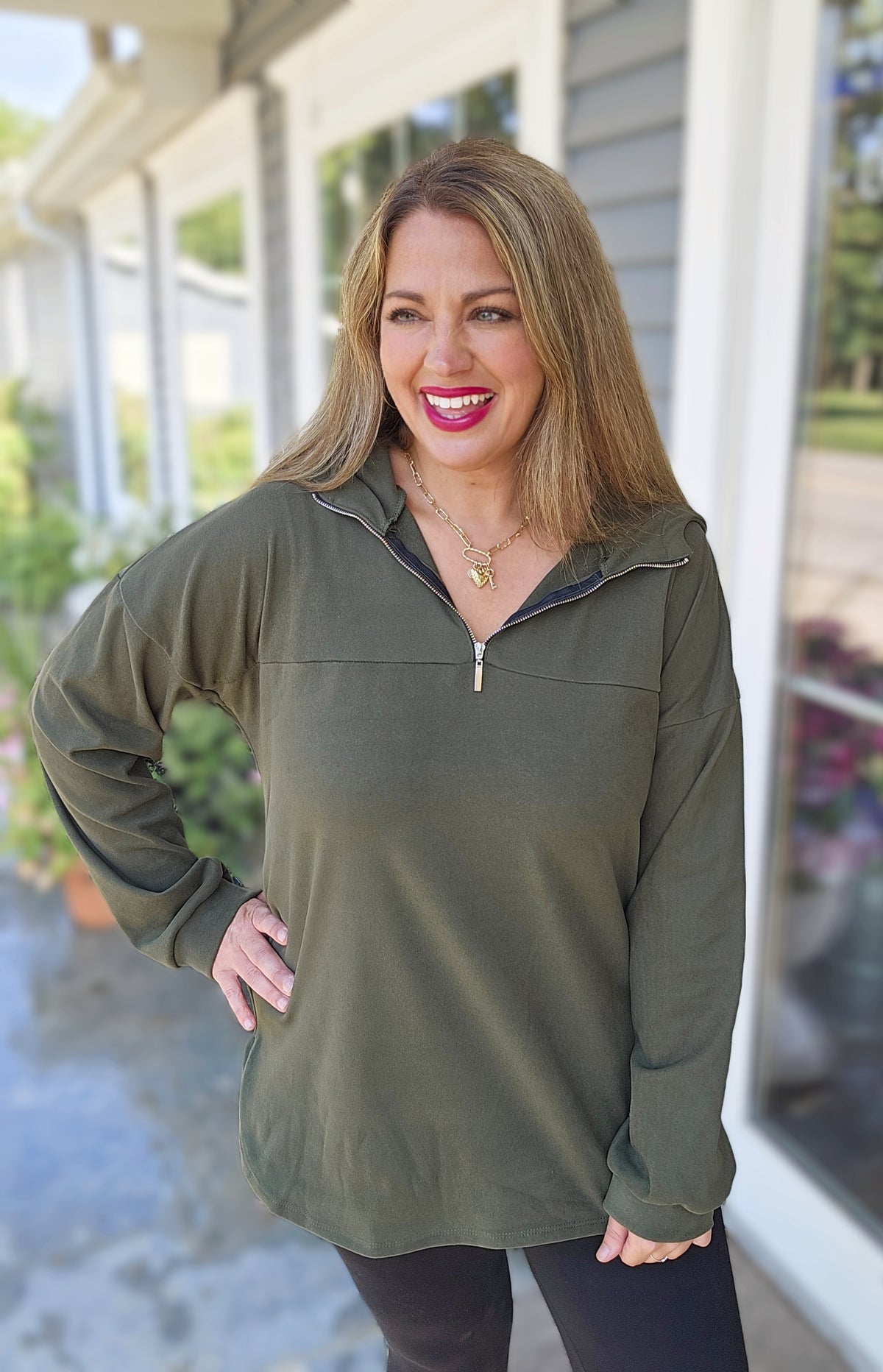 OLIVE MICROFIBER SOFT QUARTER ZIP PULLOVER