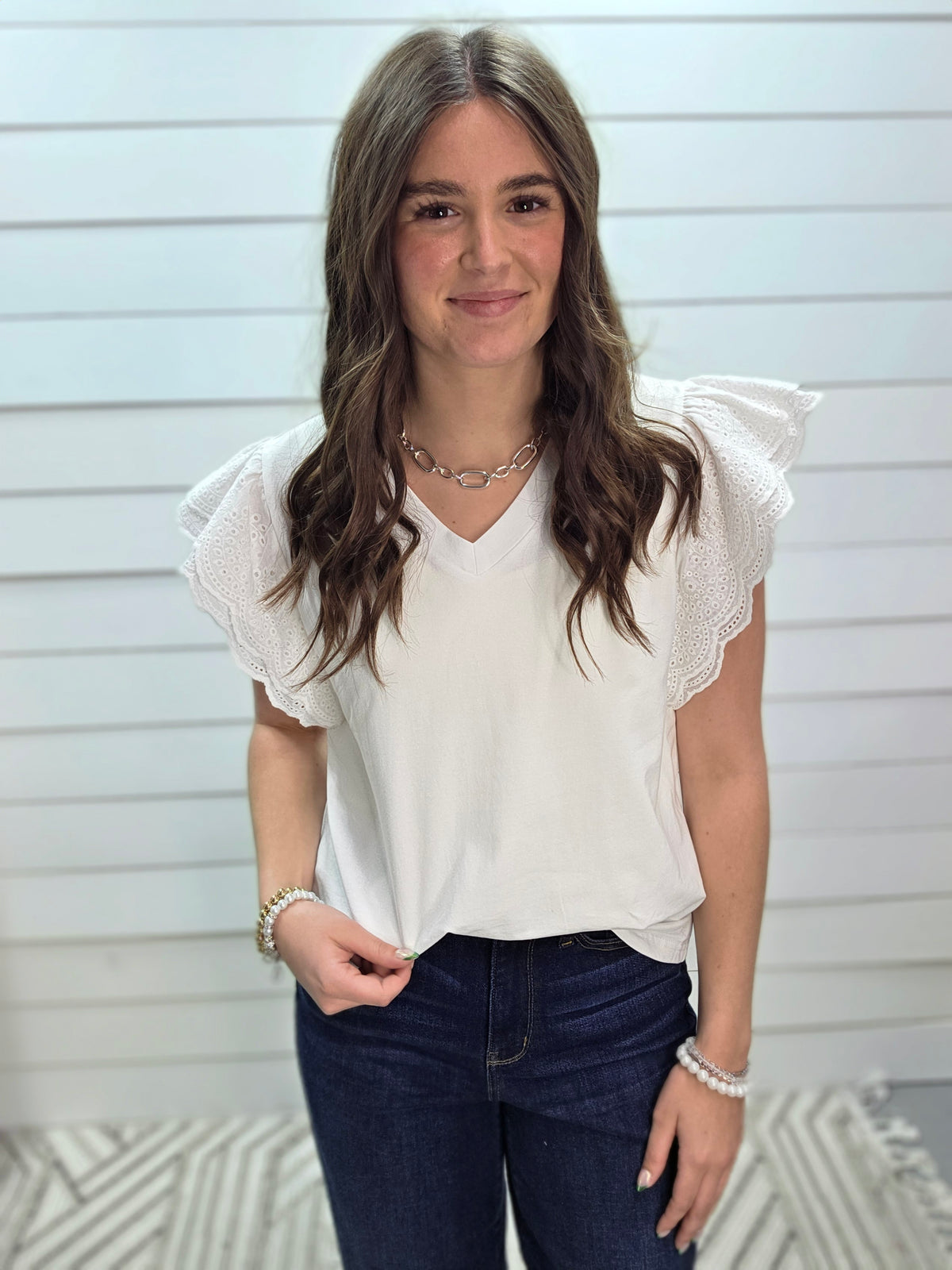 WHITE FLUTTER SLEEVE EYELET KNIT TOP