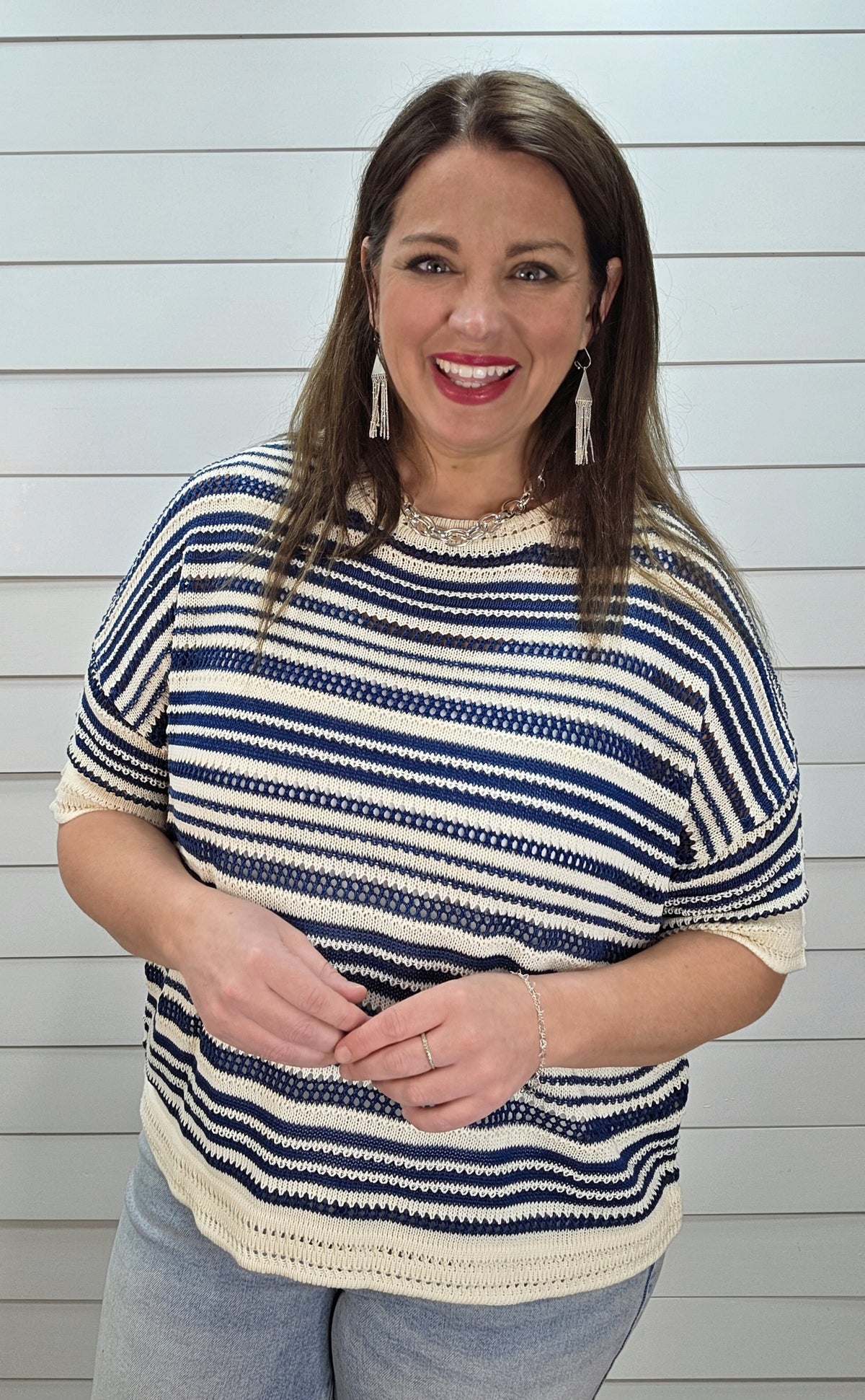 BLUE/CREAM STRIPED OPEN KNIT LOOSE FIT SHORT SLEEVE SWEATER