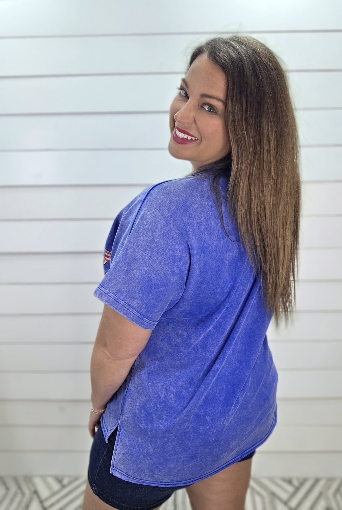 BLUE MINERAL WASH STAR KNIT TOP