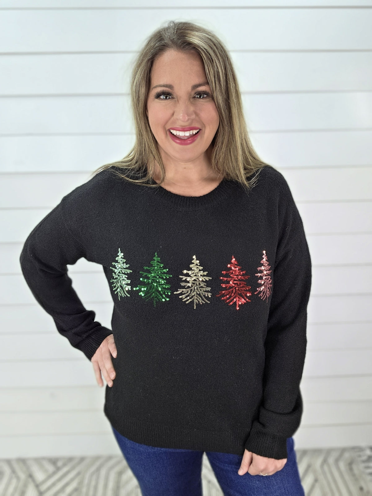 BLACK SEQUIN TREE KNIT SWEATER