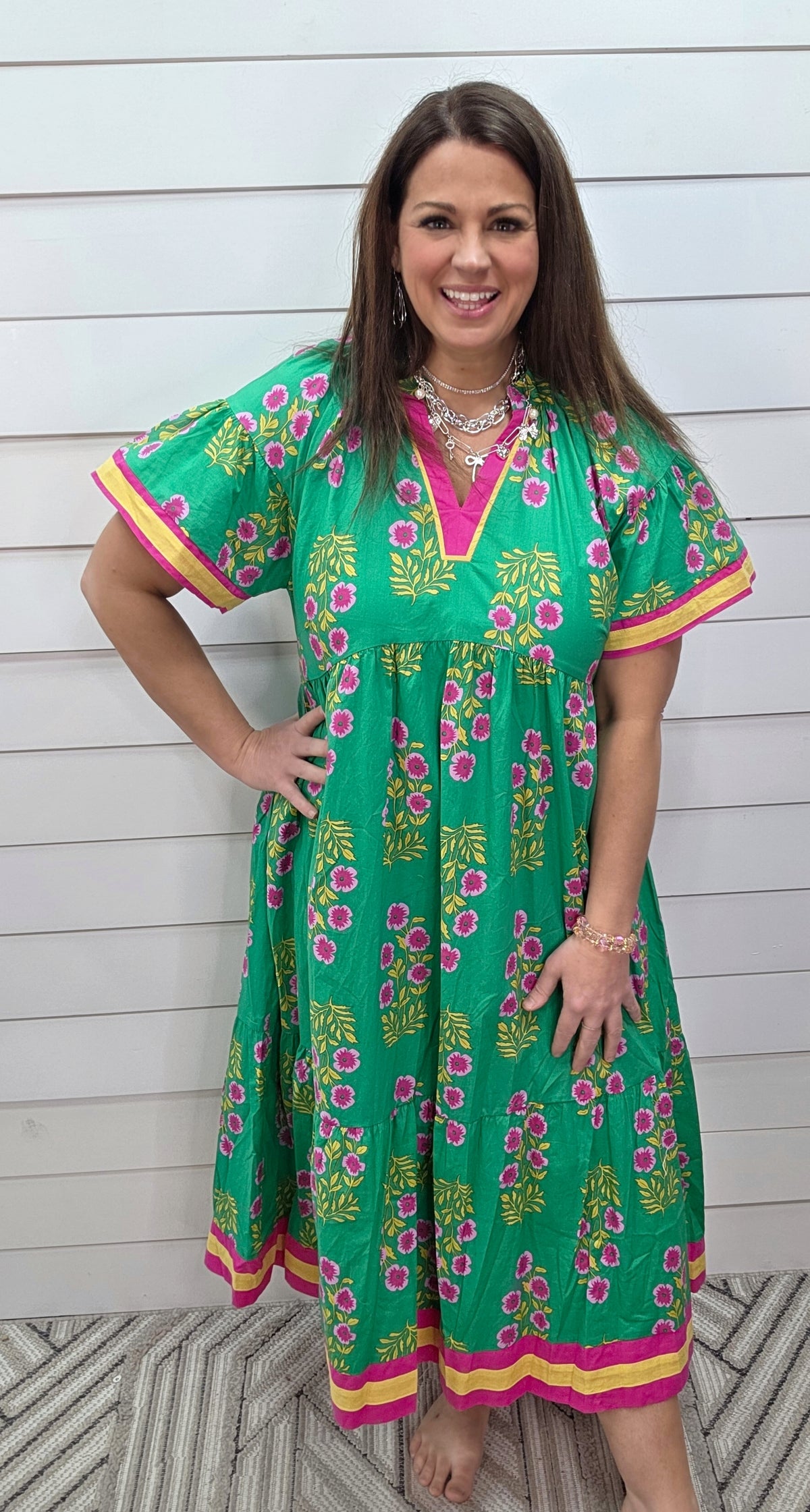 GREEN/PINK/YELLOW FLORAL V NECK LONG DRESS