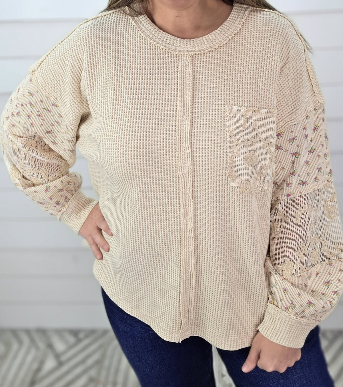 NATURAL WAFFLE TEXTURE CONTRAST SLEEVE KNIT OVERSIZED TOP