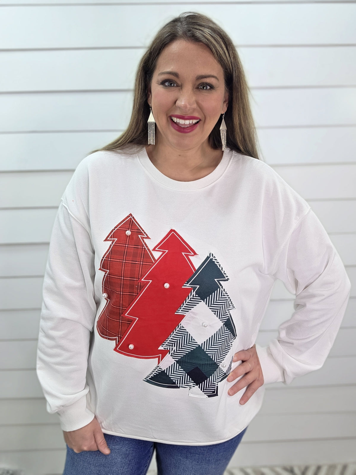 WHITE FRENCH TERRY PULLOVER W/ TREES AND PEARLS