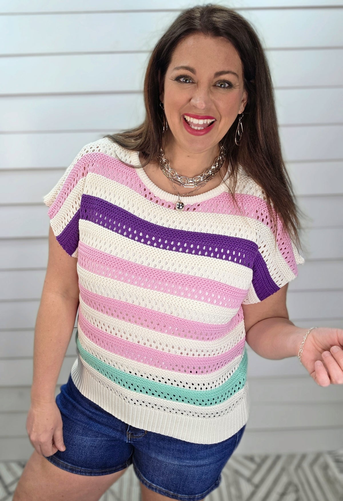 PINK/PURPLE/MINT OPEN WEAVE SHORT SLEEVE KNIT