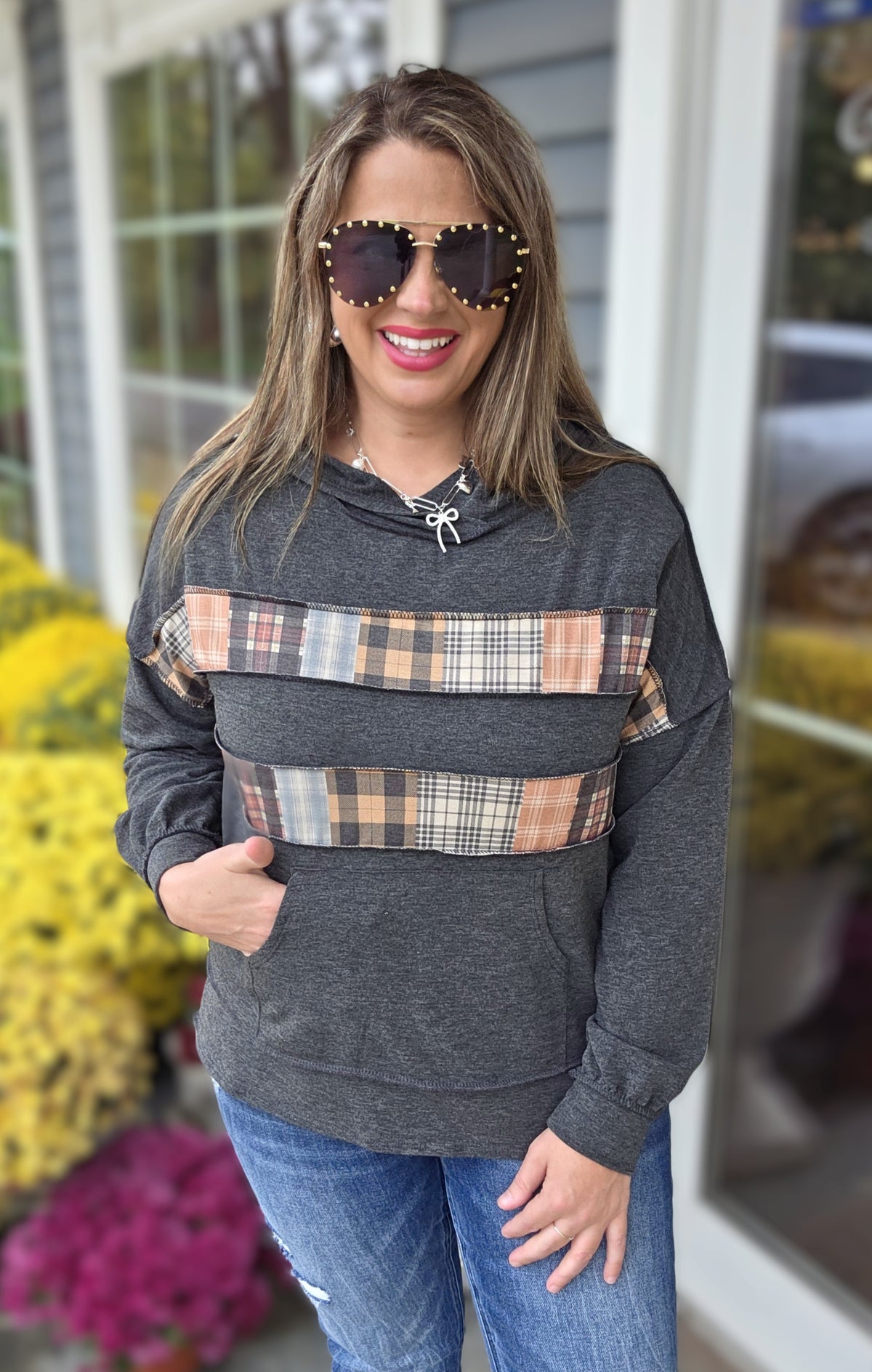 CHARCOAL PATCHWORK FRENCH TERRY LIGHT WEIGHT HOODIE