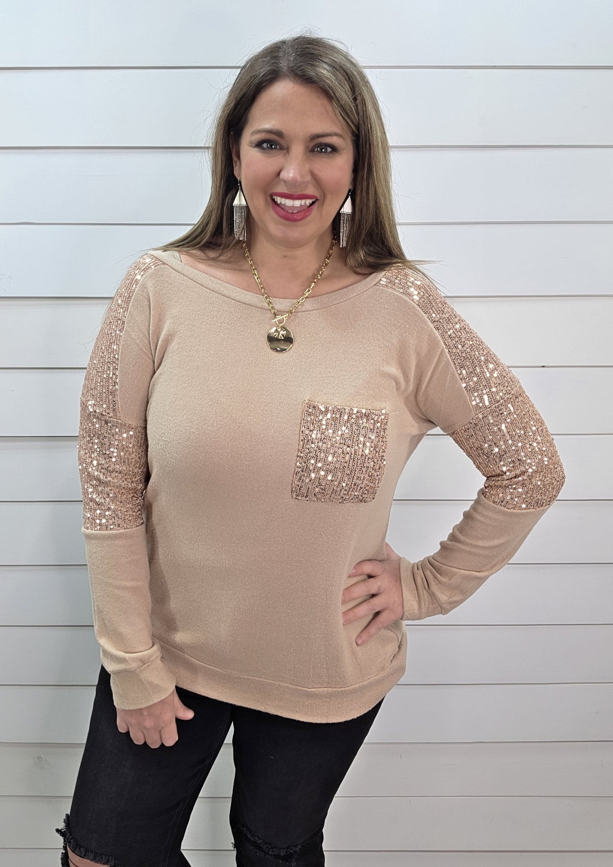 CHAMPAIGN BRUSHED KNIT SEQUIN KNIT TOP