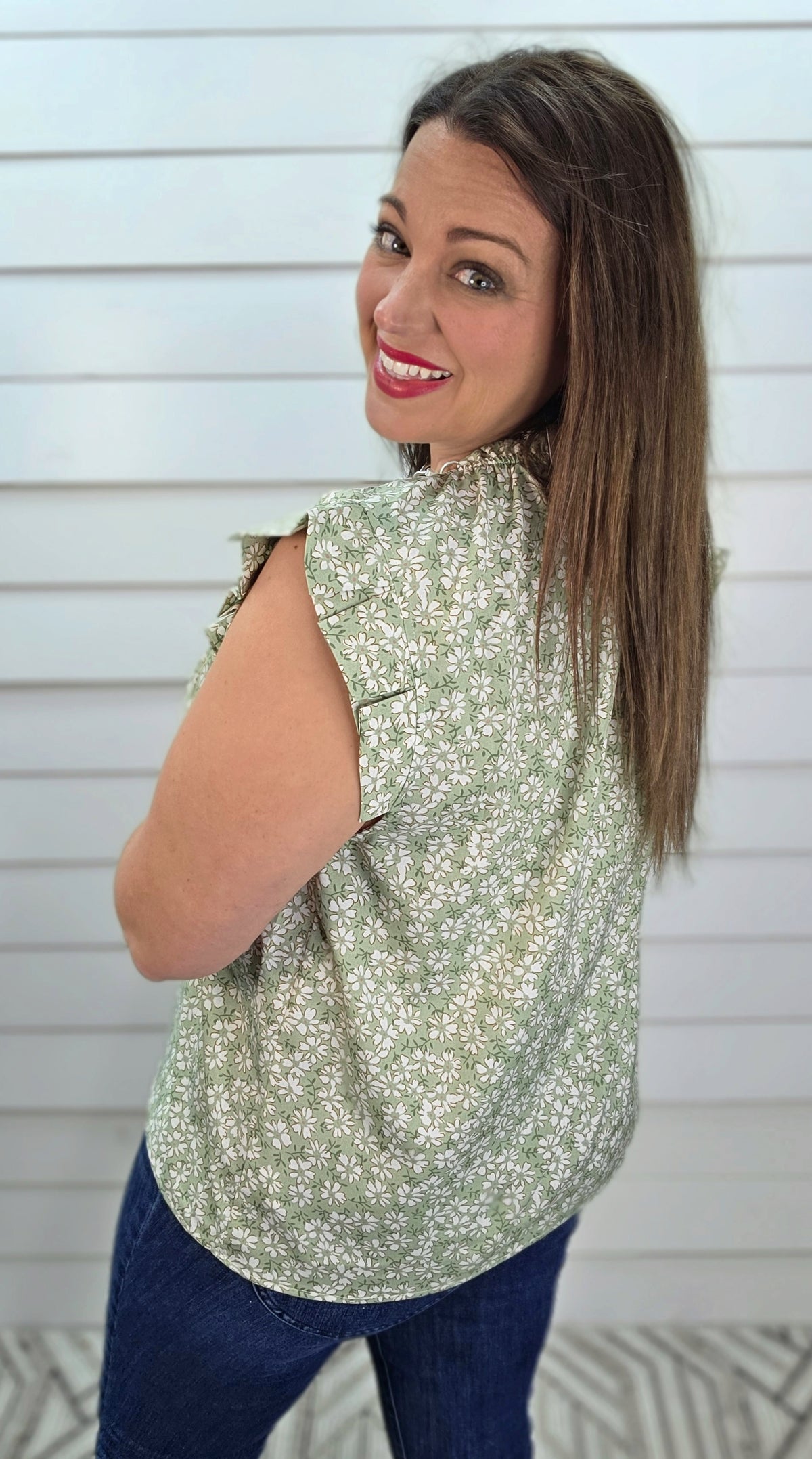 SAGE FLORAL HIGH NECK GATHERED CHEST WOVEN TOP